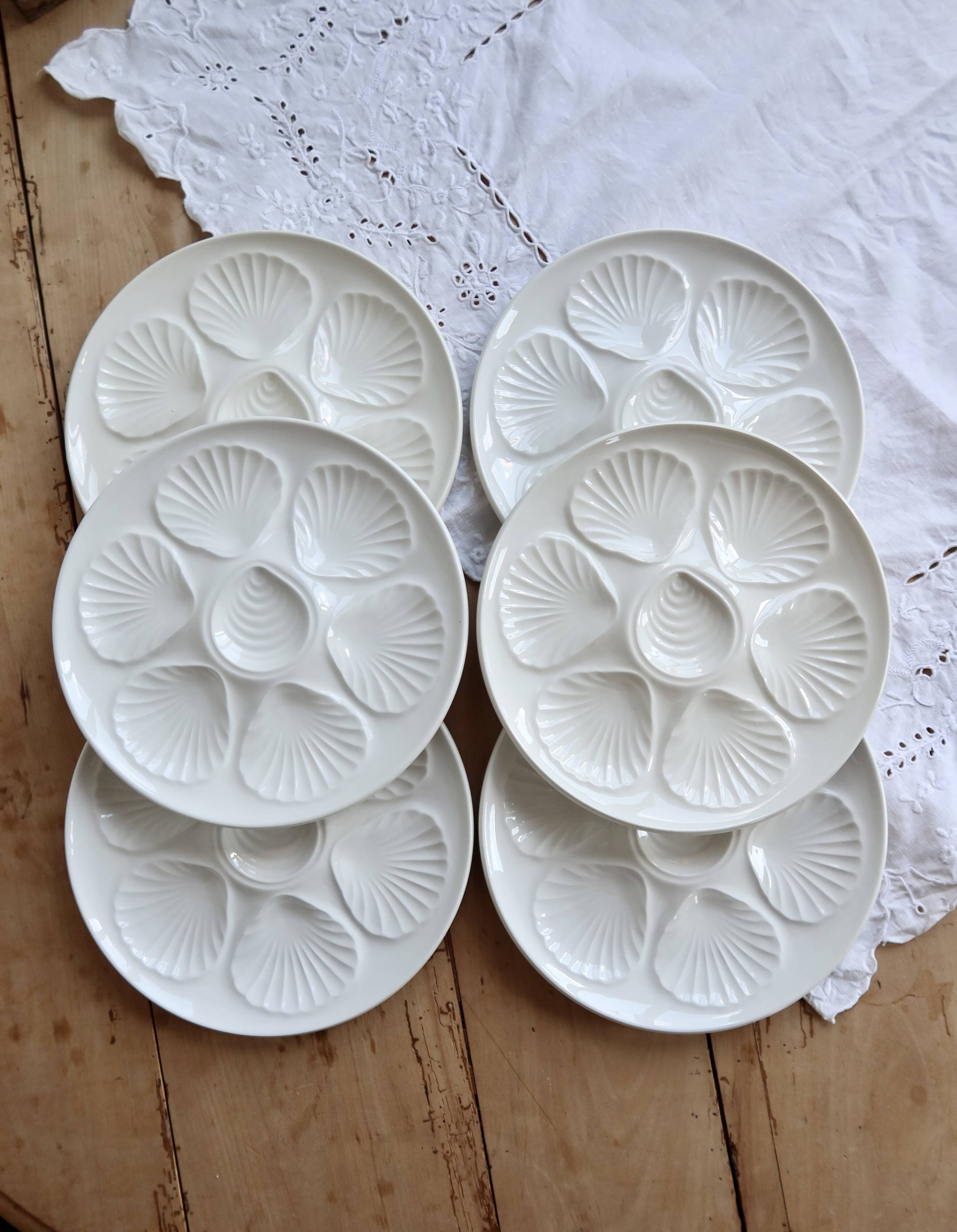 6 vintage white earthenware oyster plates