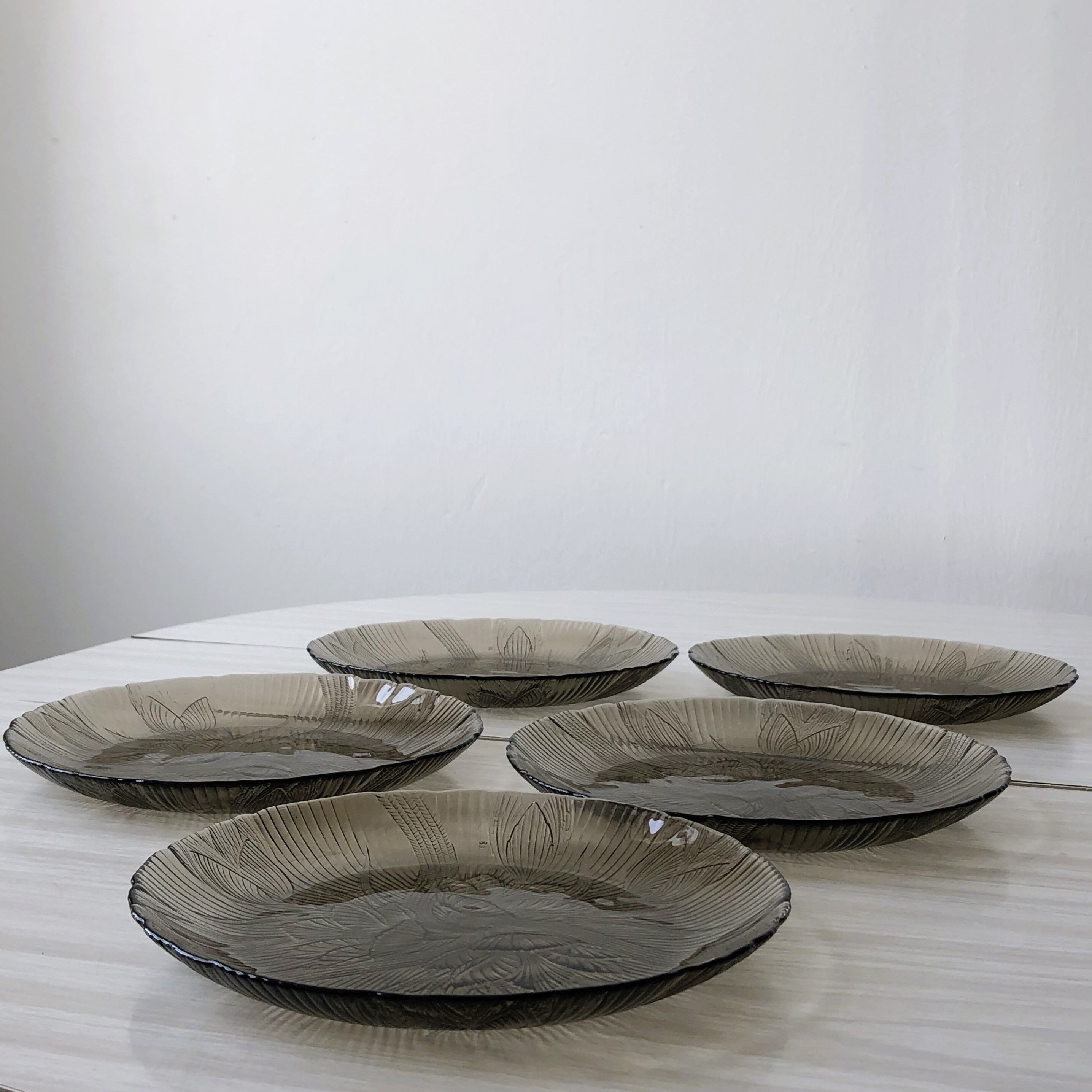 Lot 5 glass plates Arcoroc France smoked pattern flower crocus vintage CANTERBURY