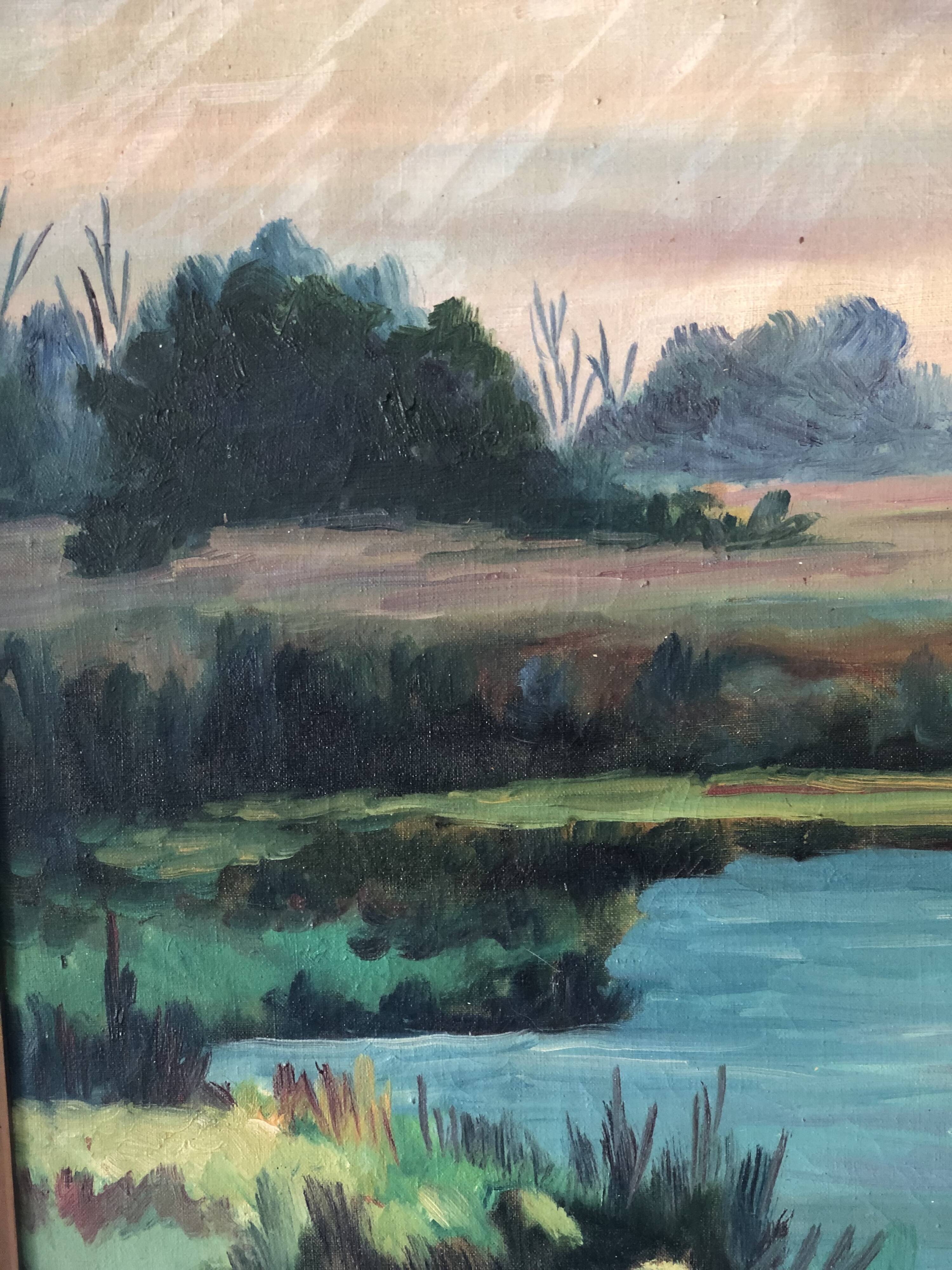 Large Original Vintage River Landscape Oil Painting, circa 1960