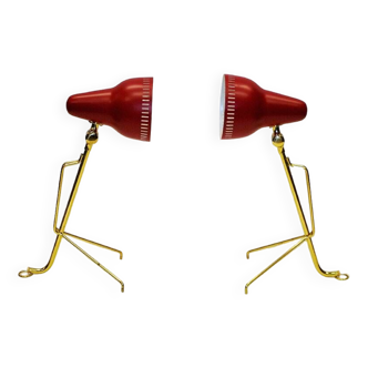 Swedish Red metal and brass desk lamp pair by Falkenberg 1950s