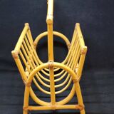 Grand porte revue vintage en bambou et lanières en cuir années 1970