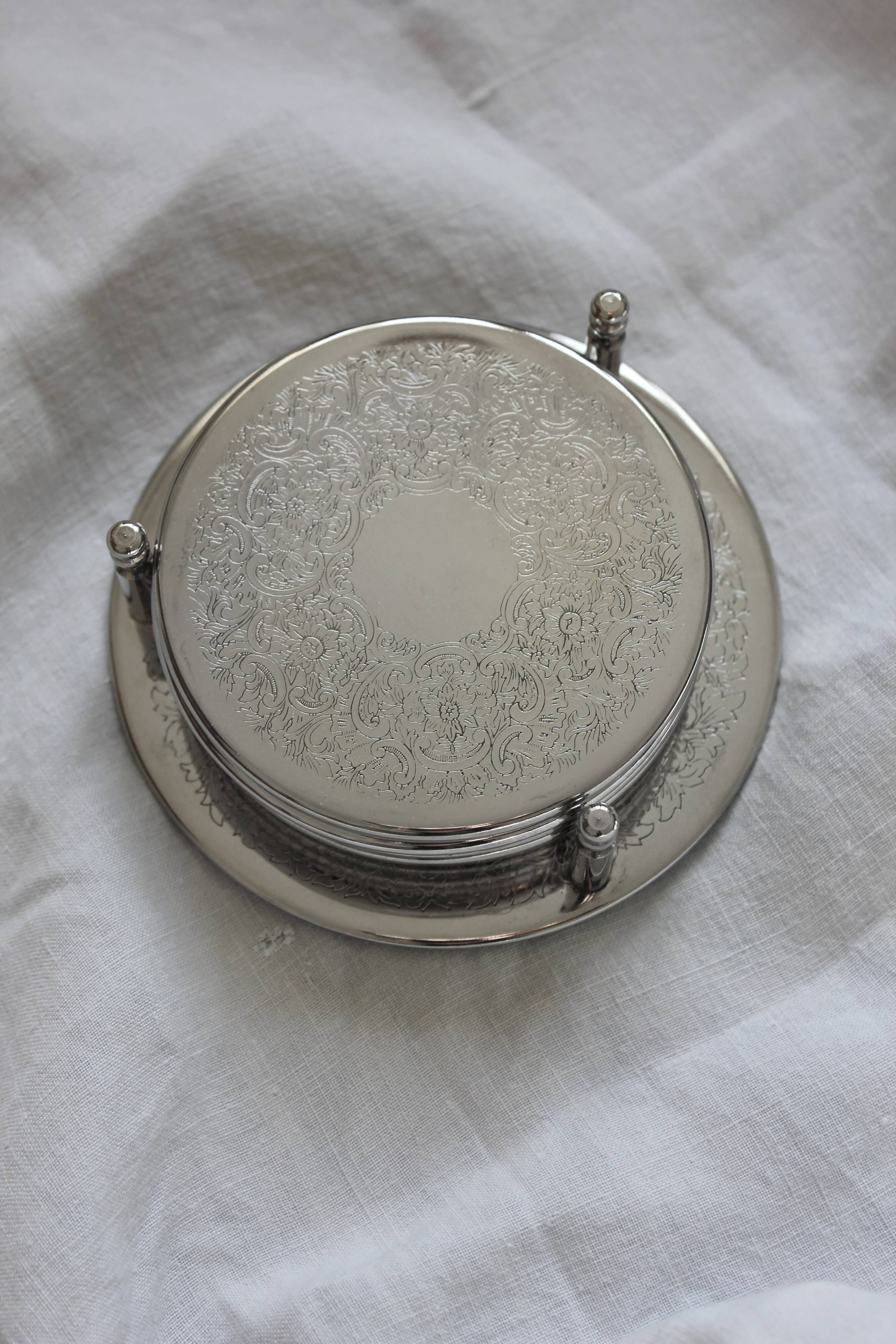 6 vintage chiseled silver metal coasters