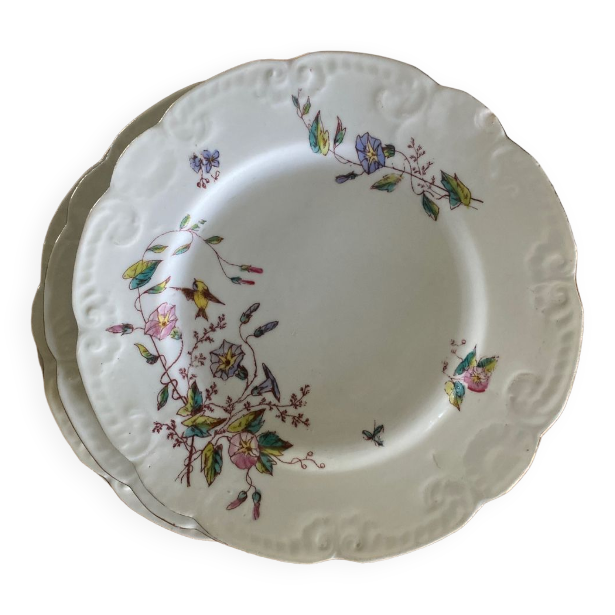 Ensemble de 4 assiettes vintages mésanges et liseron