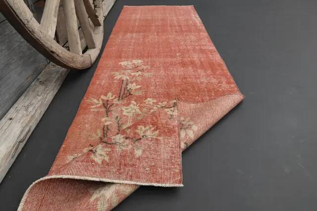 1970s Vintage Turkish Hand-Knotted Wool Cotton Red Runner Rug 82x270