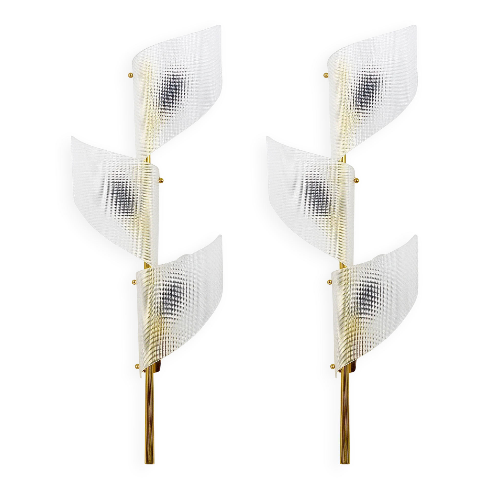 J.T. Kalmar Two Pairs of Large Floral Wall Sconces Auguri in Brass, Austria, 1950s