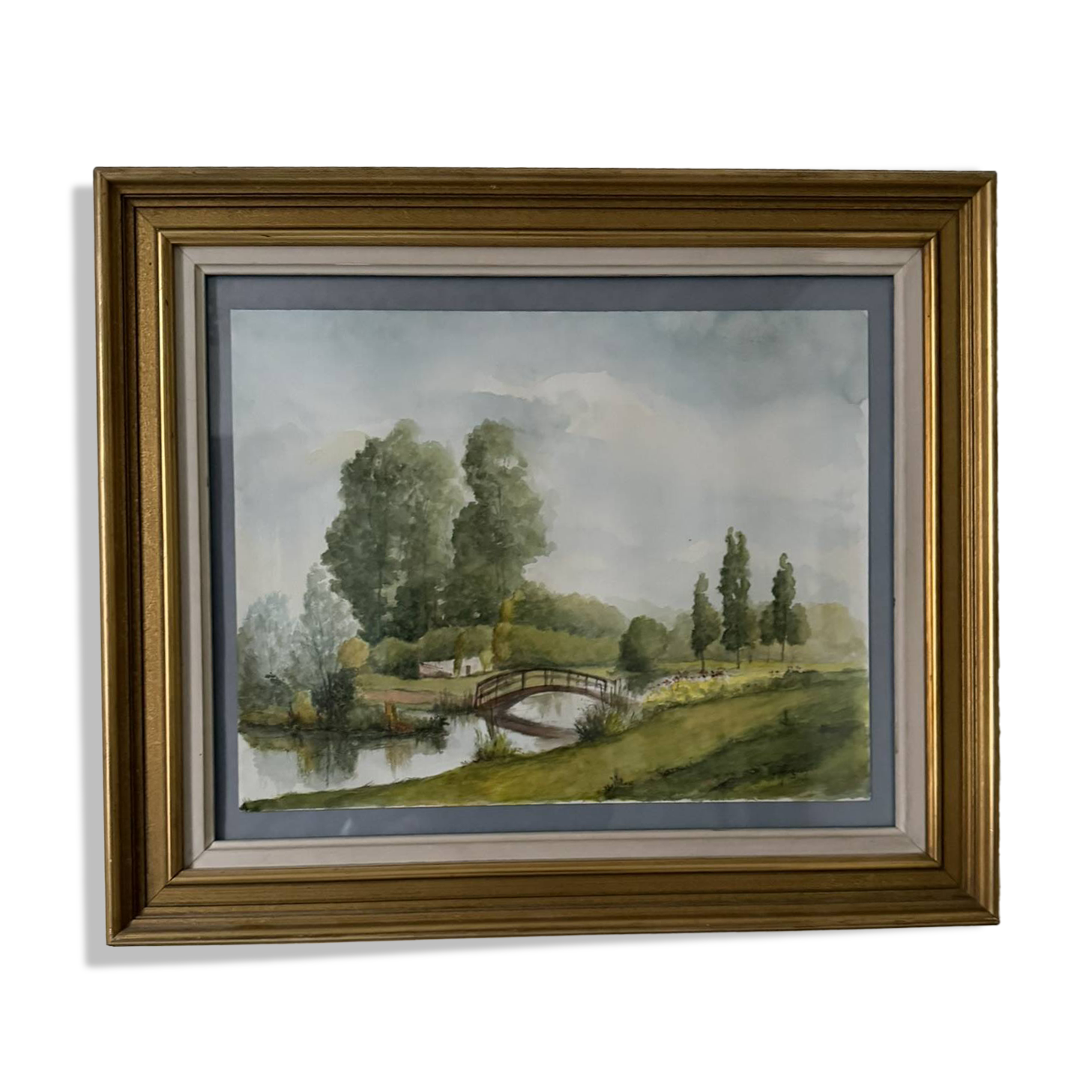 Watercolour landscape river with bridge