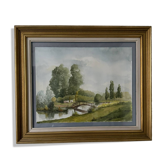 Watercolour landscape river with bridge