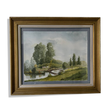 Watercolour landscape river with bridge