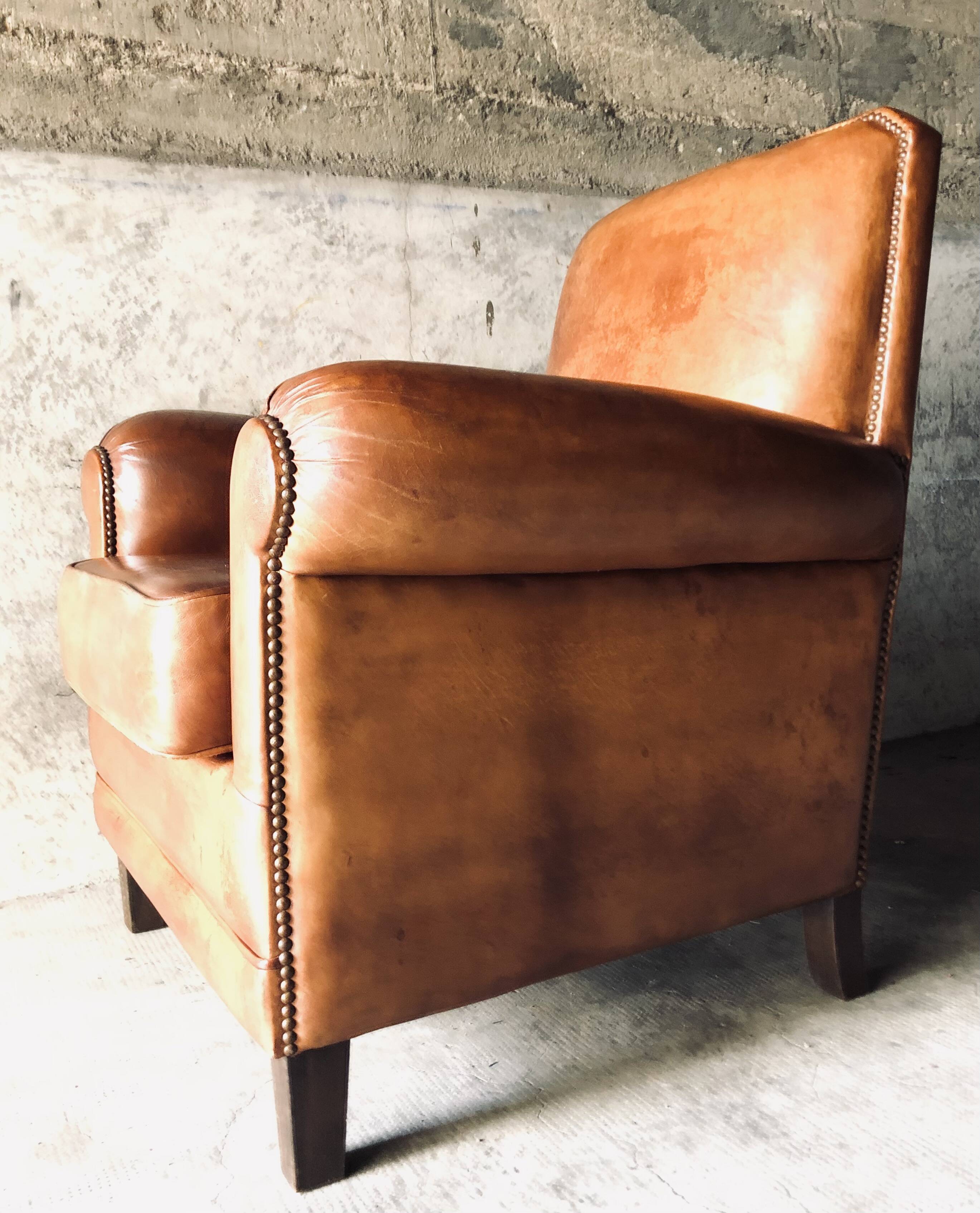 Fauteuil Club vintage en cuir « cognac »