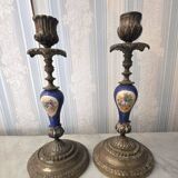 Pair of antique candlesticks in brass, bronze, and Sèvres porcelain – Floral decoration –
