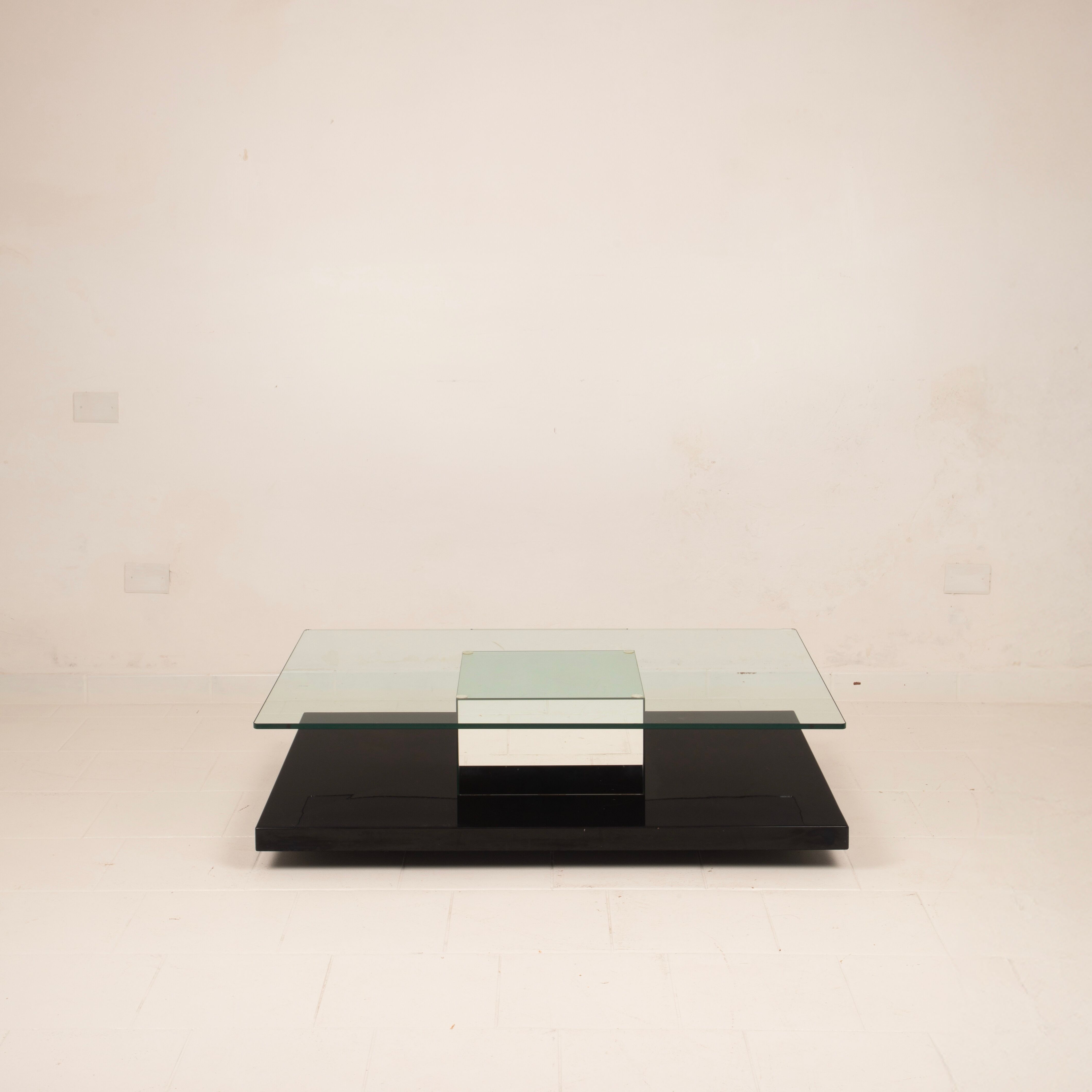 Cidue Mid Century Italian Black Lacquer, Mirror and Glass Coffee Table 1970