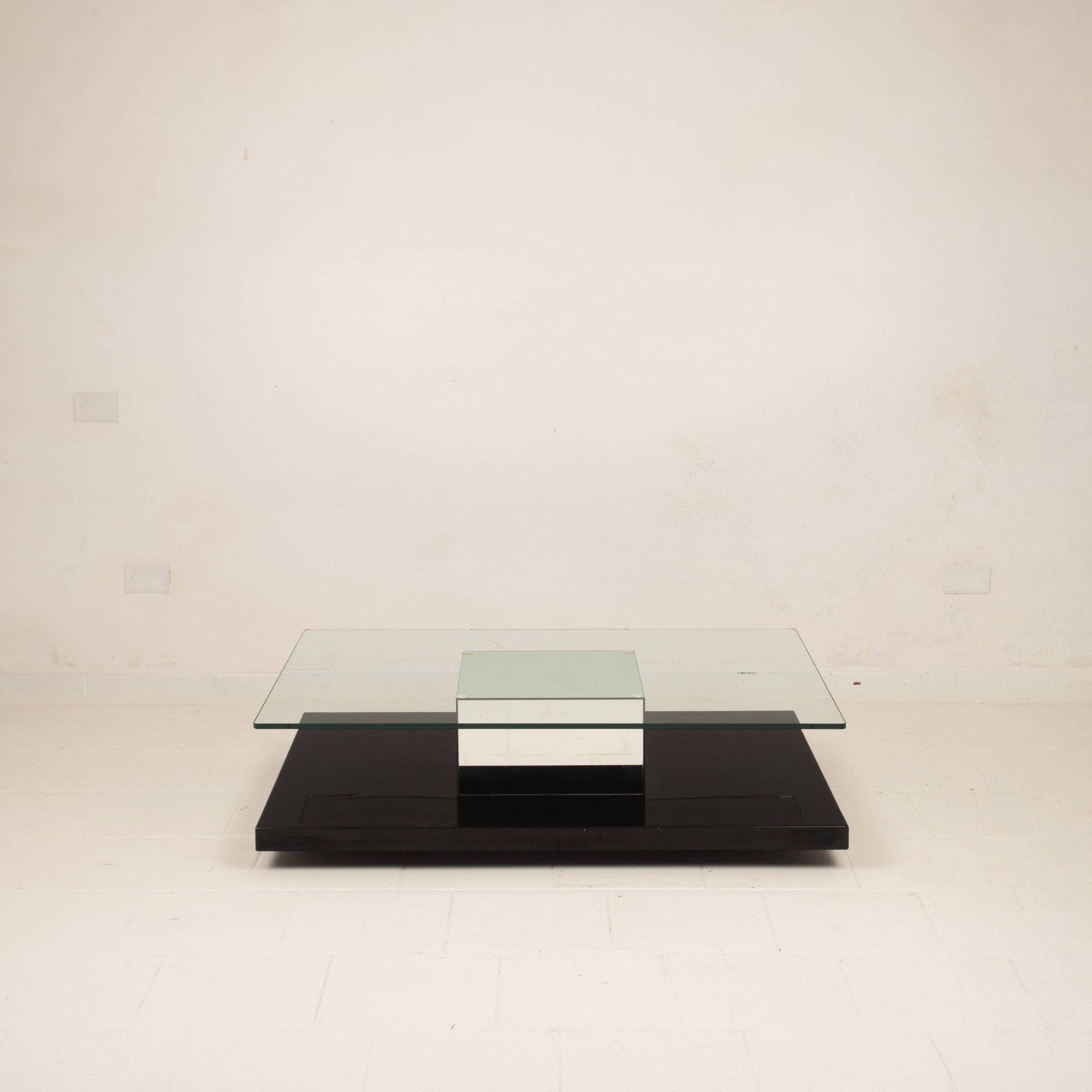 Cidue Mid Century Italian Black Lacquer, Mirror and Glass Coffee Table 1970