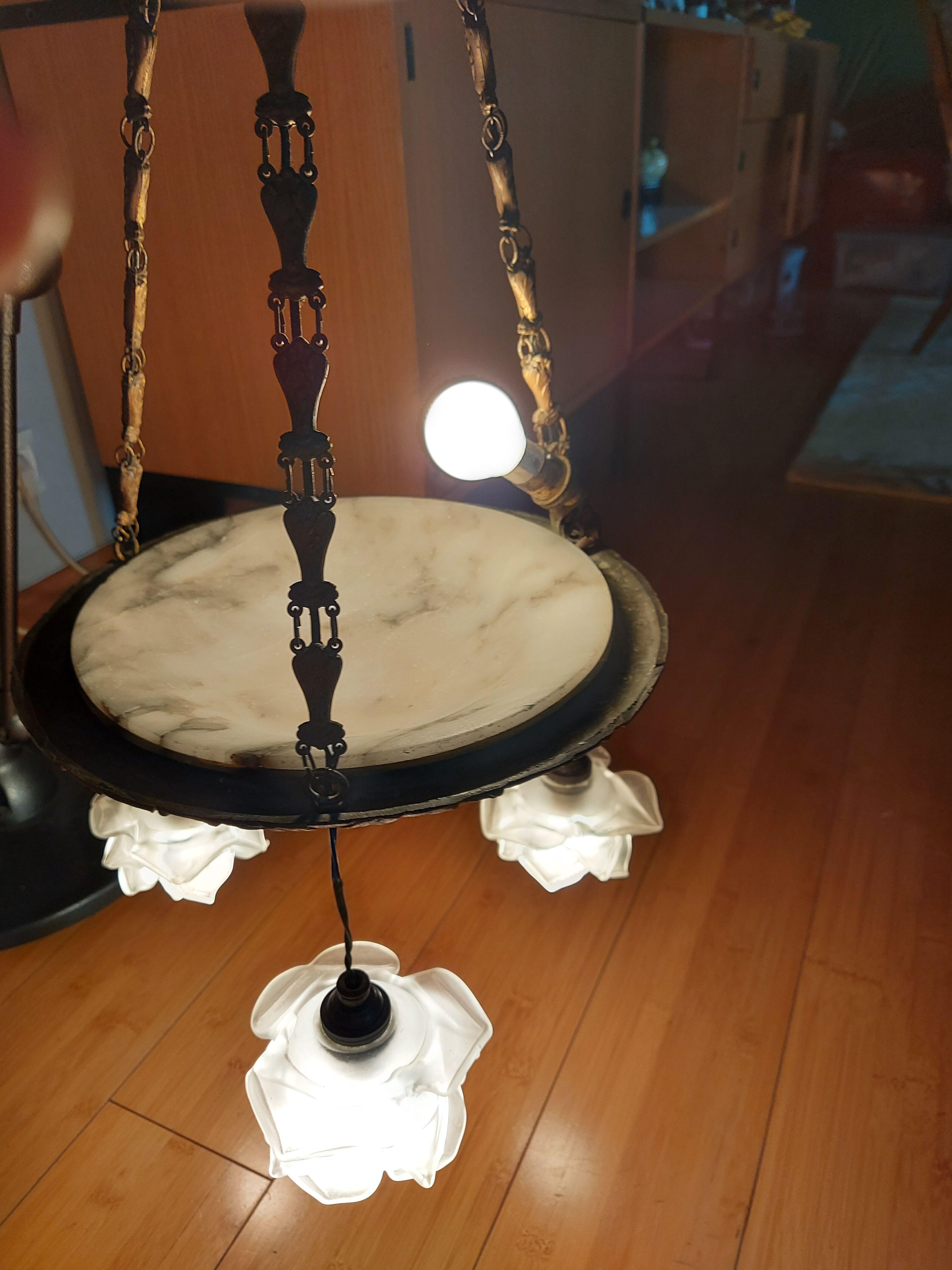 art nouveau chandelier, alabaster shells, molded glass and bronze