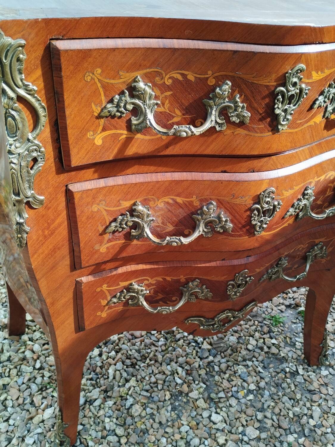 Louis xv style marble top marquetry chest of drawers