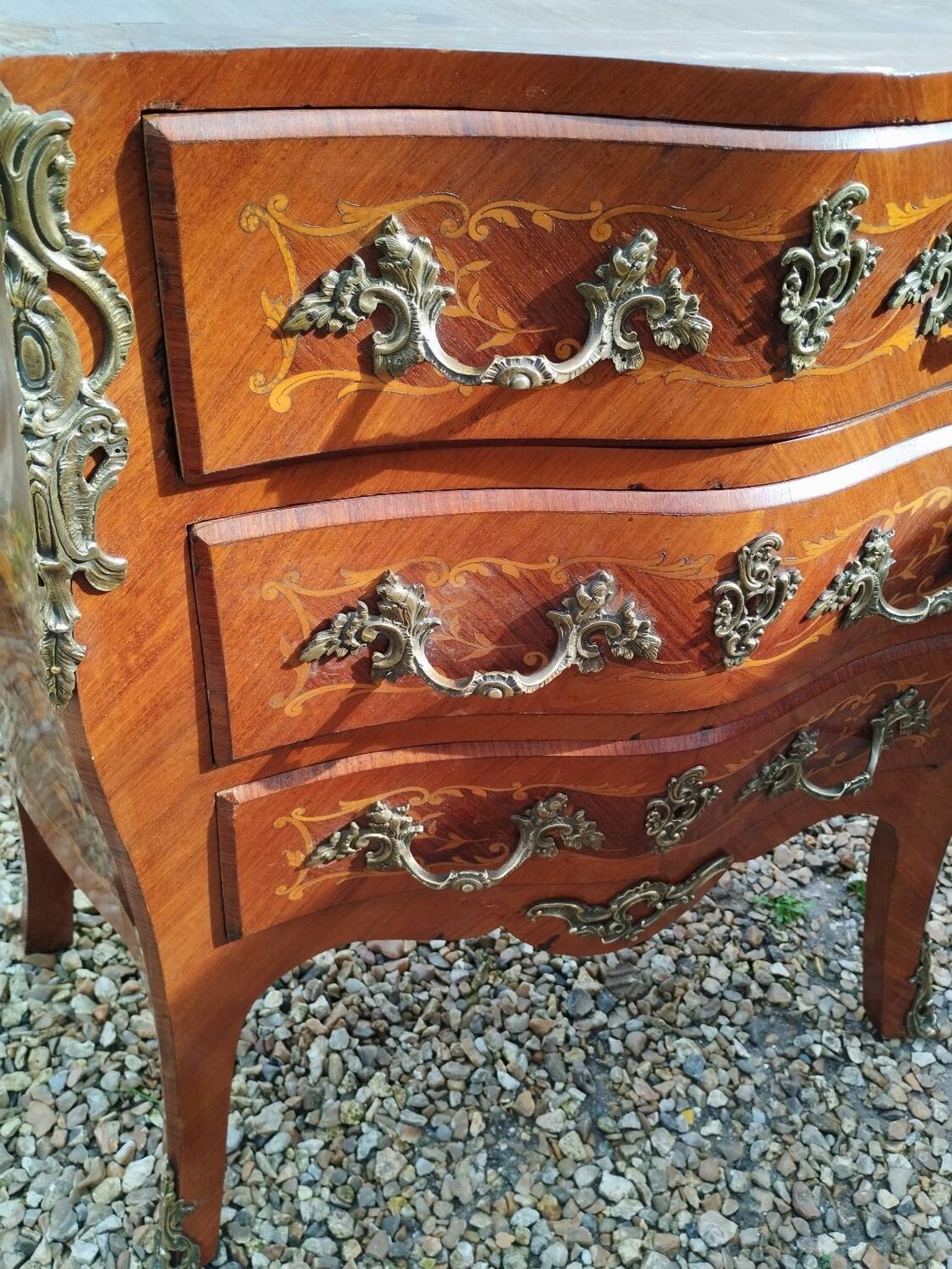 Louis xv style marble top marquetry chest of drawers