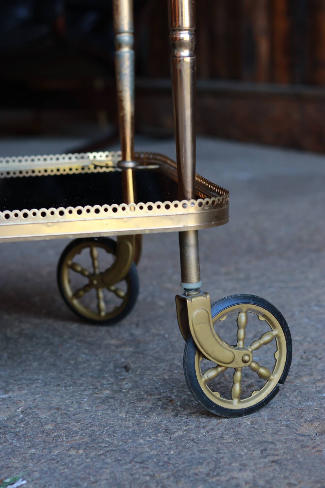 Serving trolley, vintage mini-bar in metal and smoked glass
