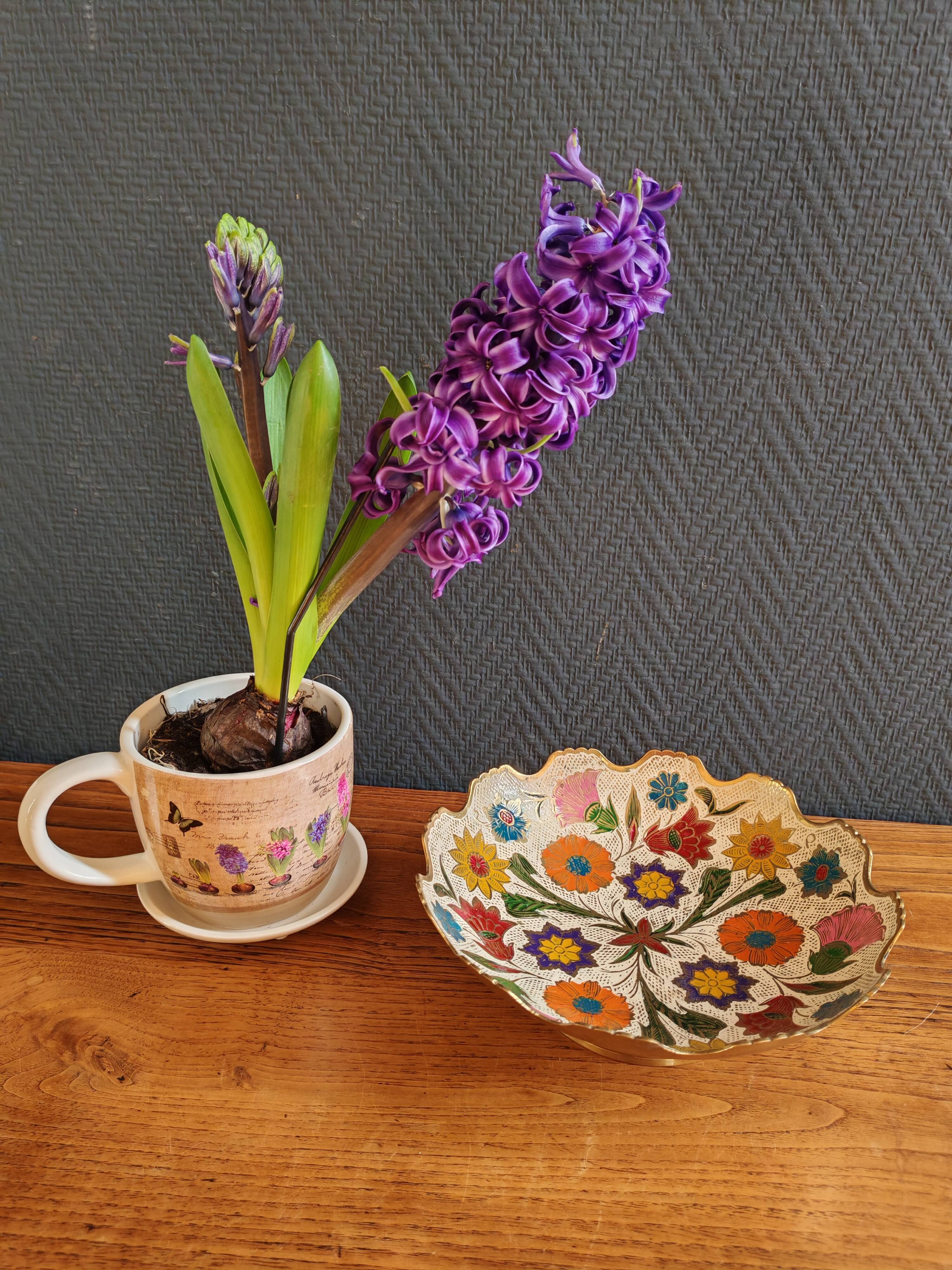 Vintage Enamelled Brass Fruit Bowl – Floral Centrepiece with Edge Fe