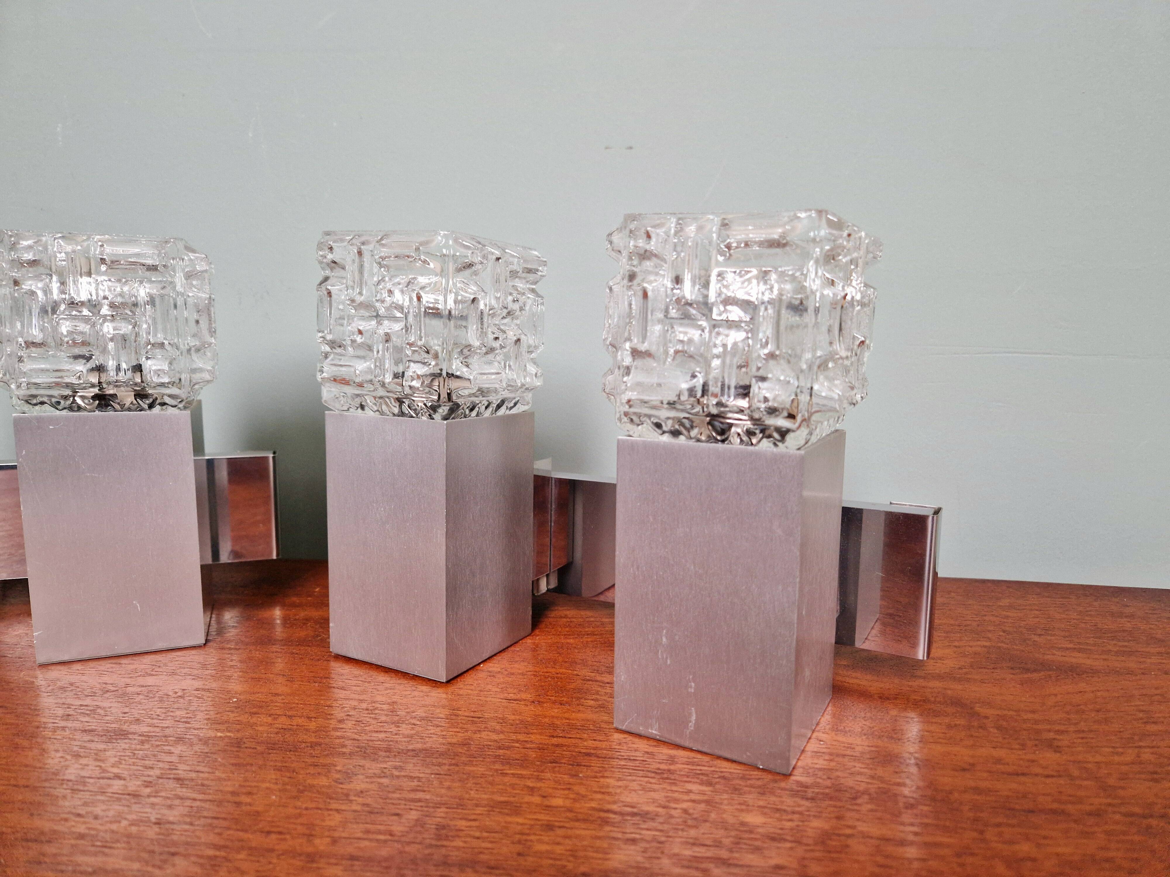 Pair of brushed aluminum and crystal wall lights, 1970s