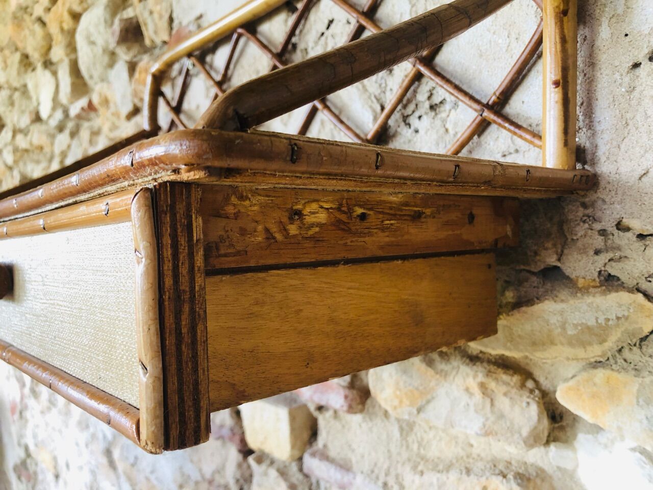 Vintage rattan wall shelf with storage, Circa 60