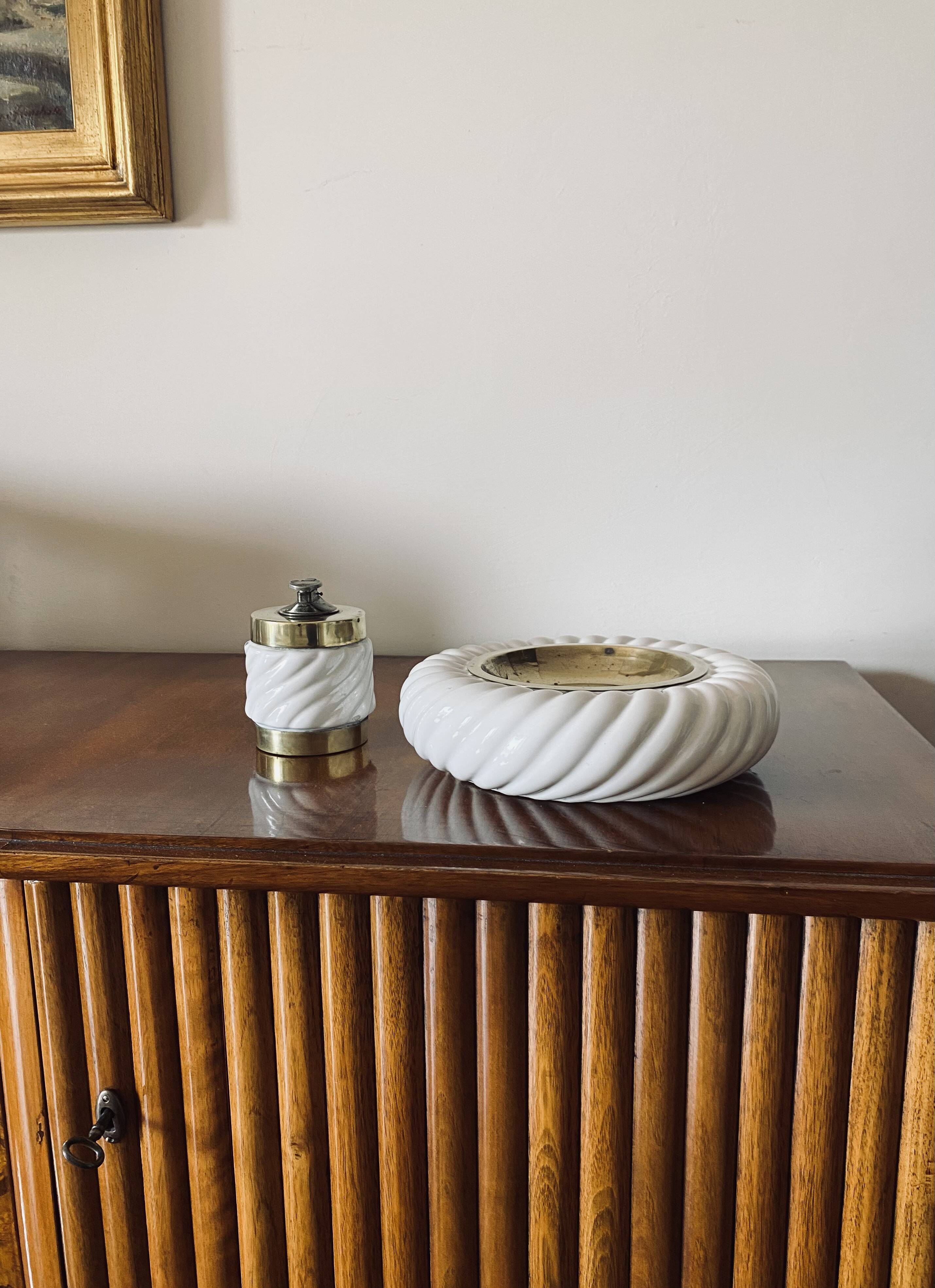 Tommaso Barbi, Smoking set white ashtray and table lighter, B Ceramiche, ca. 1970