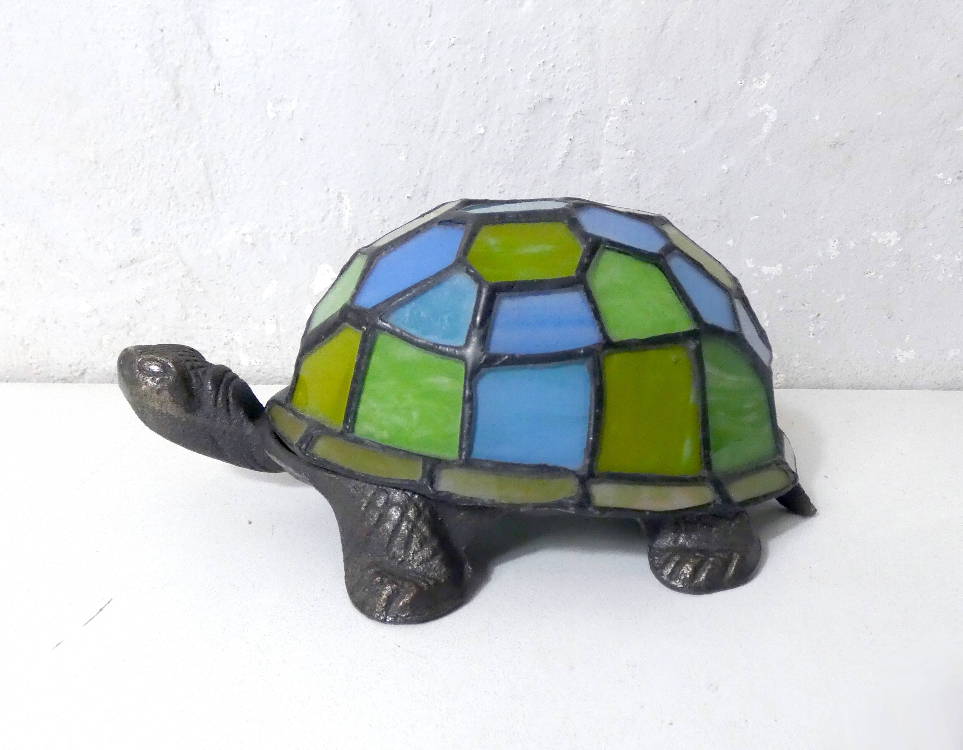 Tiffany style turtle lamp in vintage blue-green glass paste