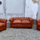 Salon canape and 2 chesterfield armchairs in vintage cognac leather from the 1970s