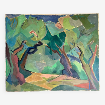 Forêt, huile sur toile signée Marianne Spier