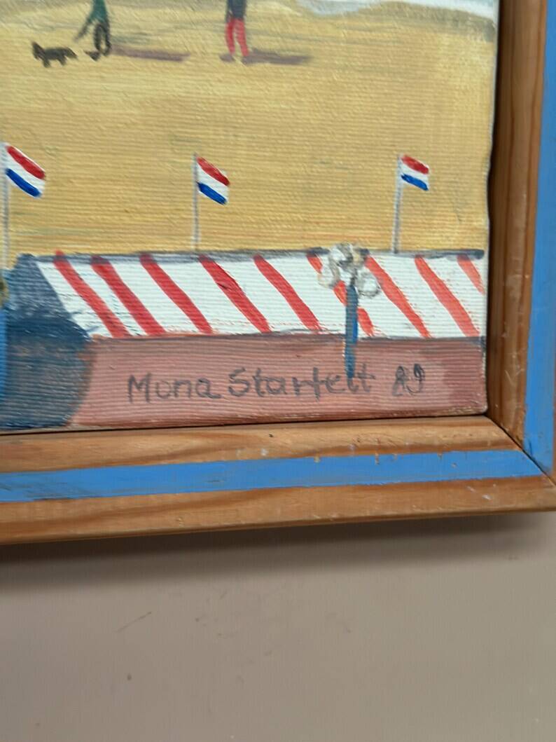 Original Swedish Oil on Canvas – "Day at the Beach" by Mona Starfelt – Signed – Dated 1989 – Framed