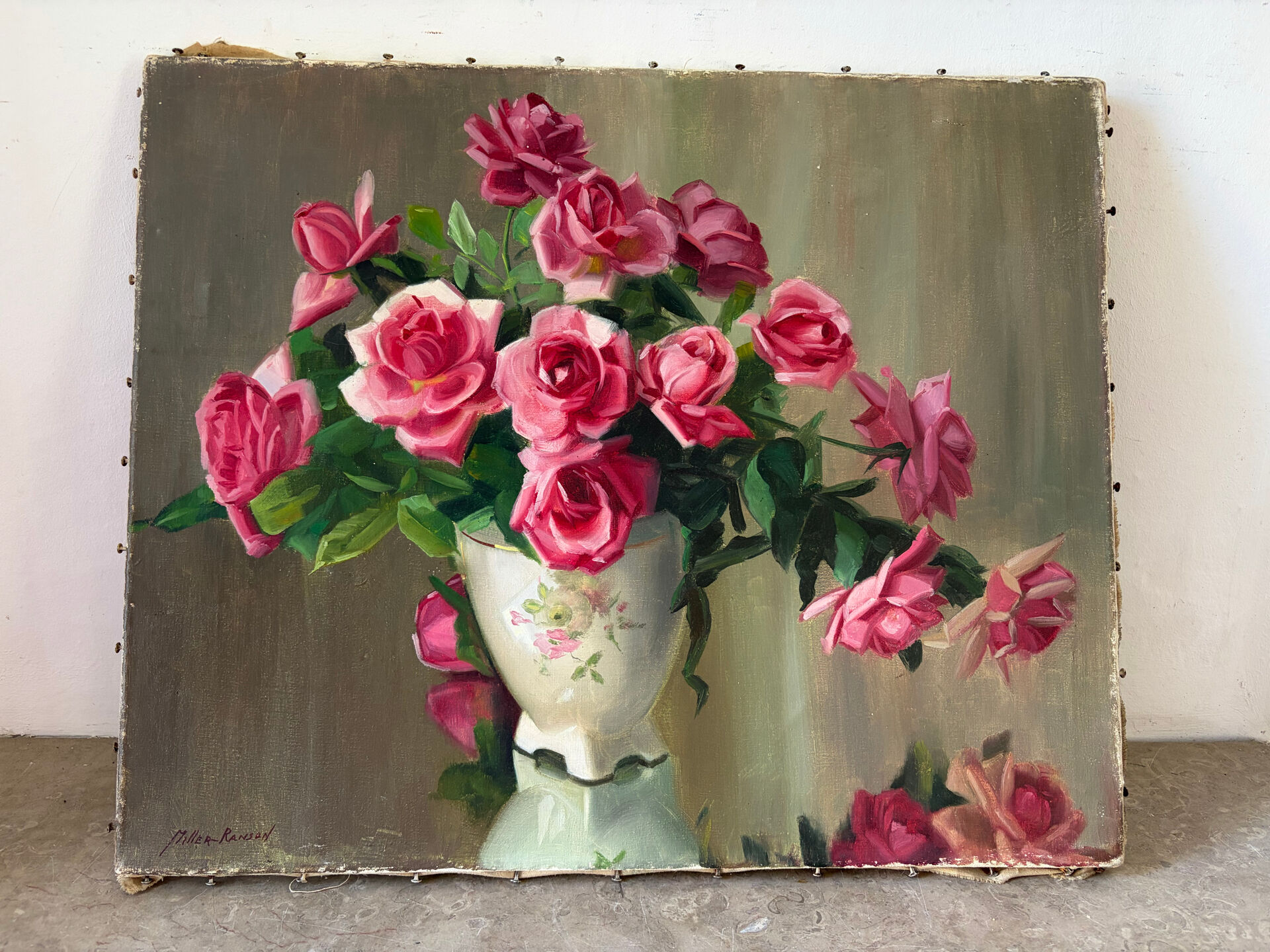 Tombée de roses, huile sur toile signé Miller Ranson