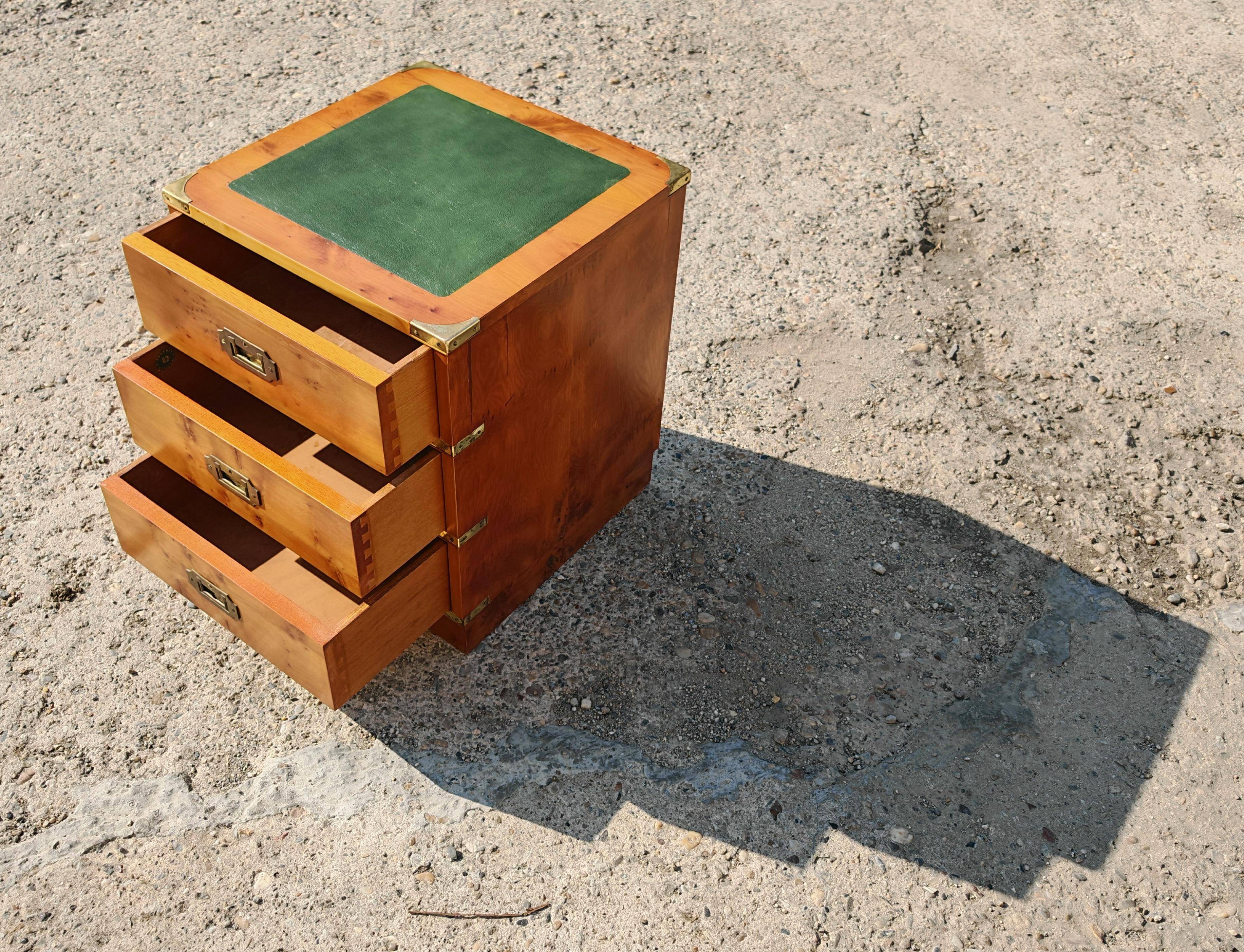 Pair of antique yew wood bedside tables with leather and brass by Doherty London.