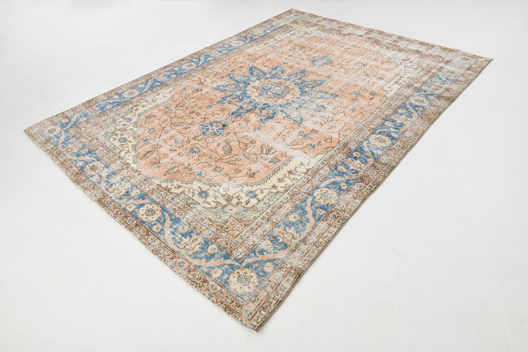 Soft Peach & Blue Oushak Vintage Rug, Made in Anatolian, 220x304 Cm