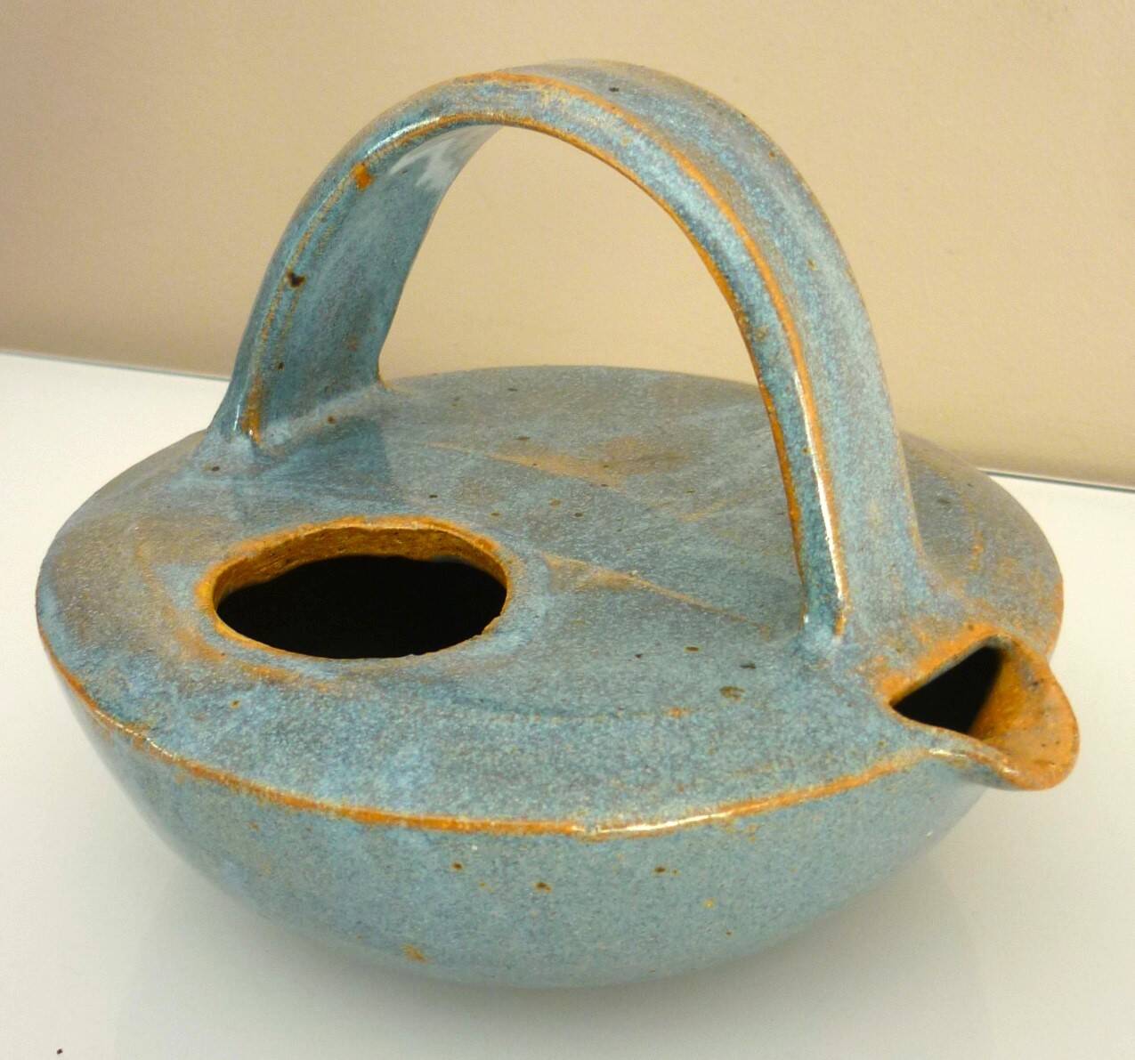 Teapot, enameled ceramic art, signed Michel Vergnes, Kerbénoën pottery