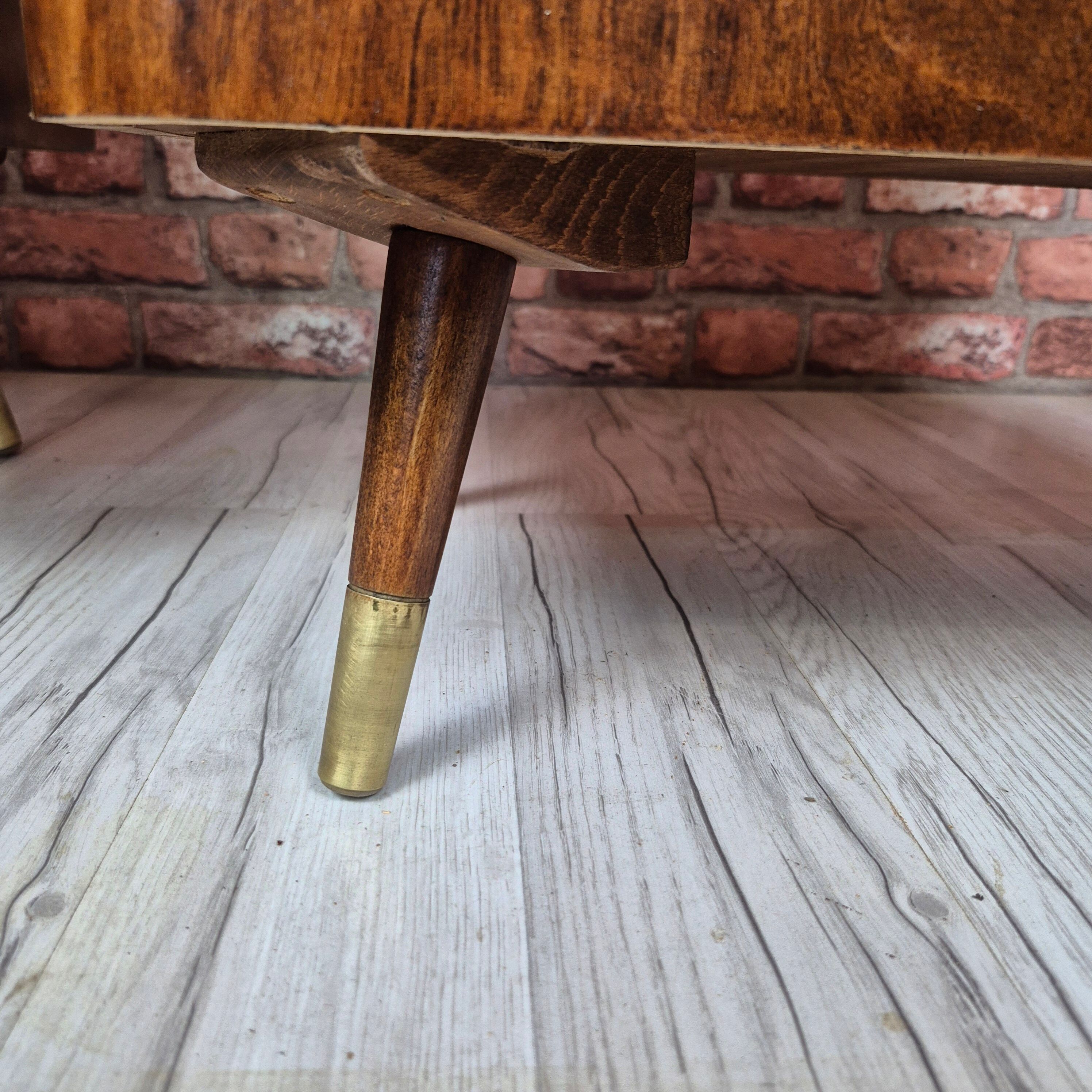 Pair of Asymmetrical Mid-Century  Walnut Nightstands with Brass Details