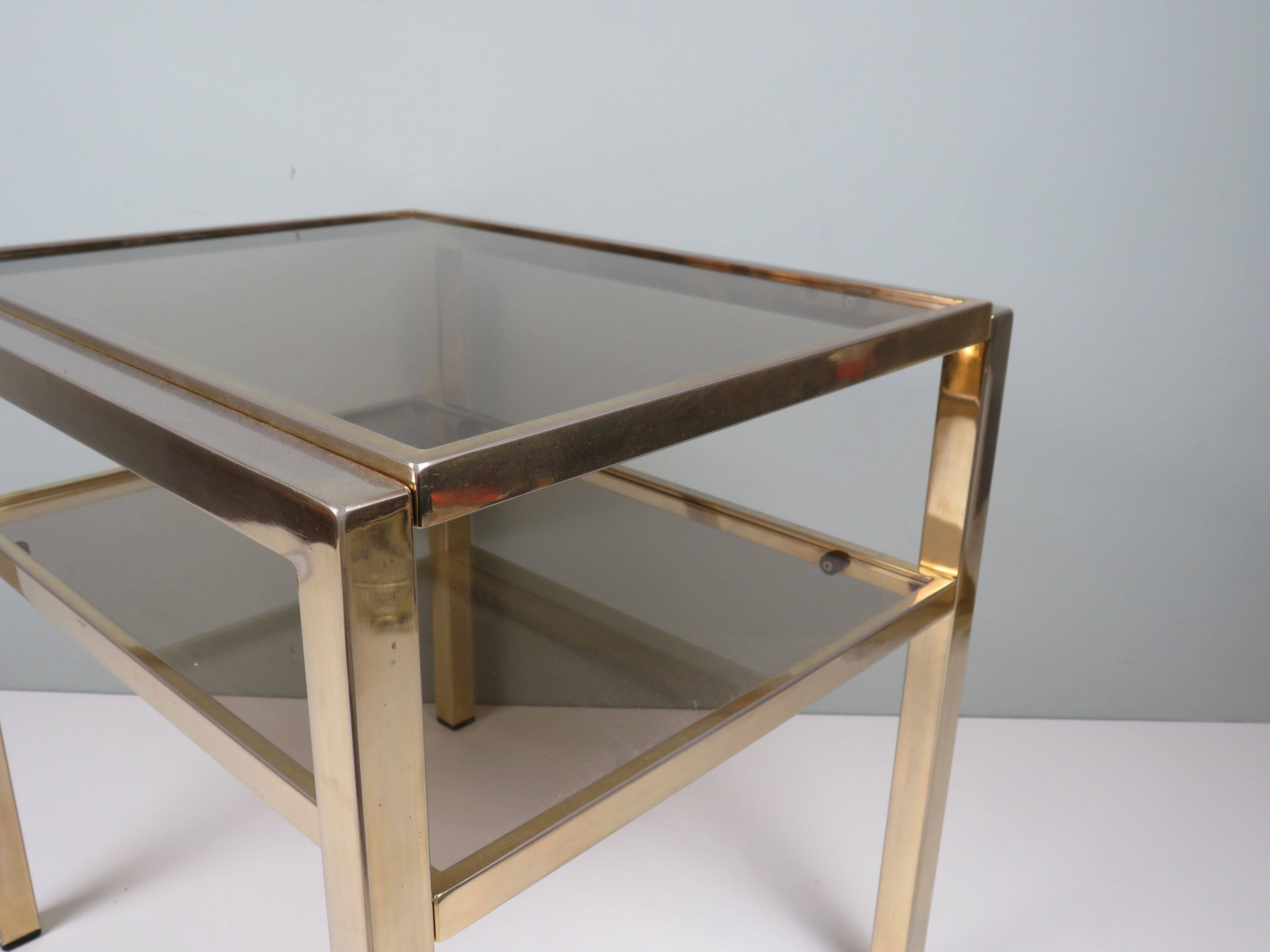 Vintage side table in brass and smoked glass, De Knudt, Belgium, 1970