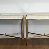 Pair of brass side tables with antique mirrored tops from Maison Jansen