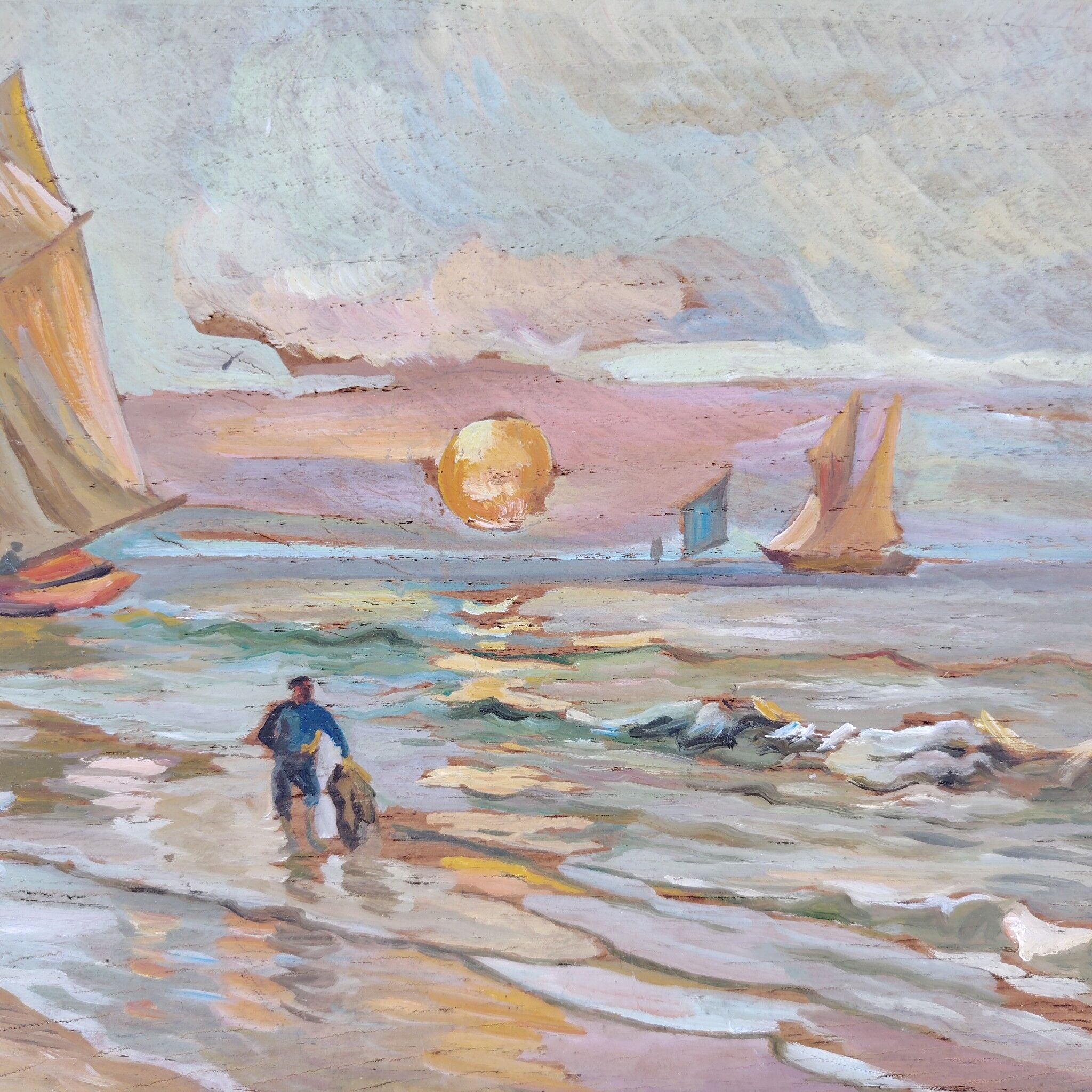 Gouache on panel, return from fishing, Jean Lory