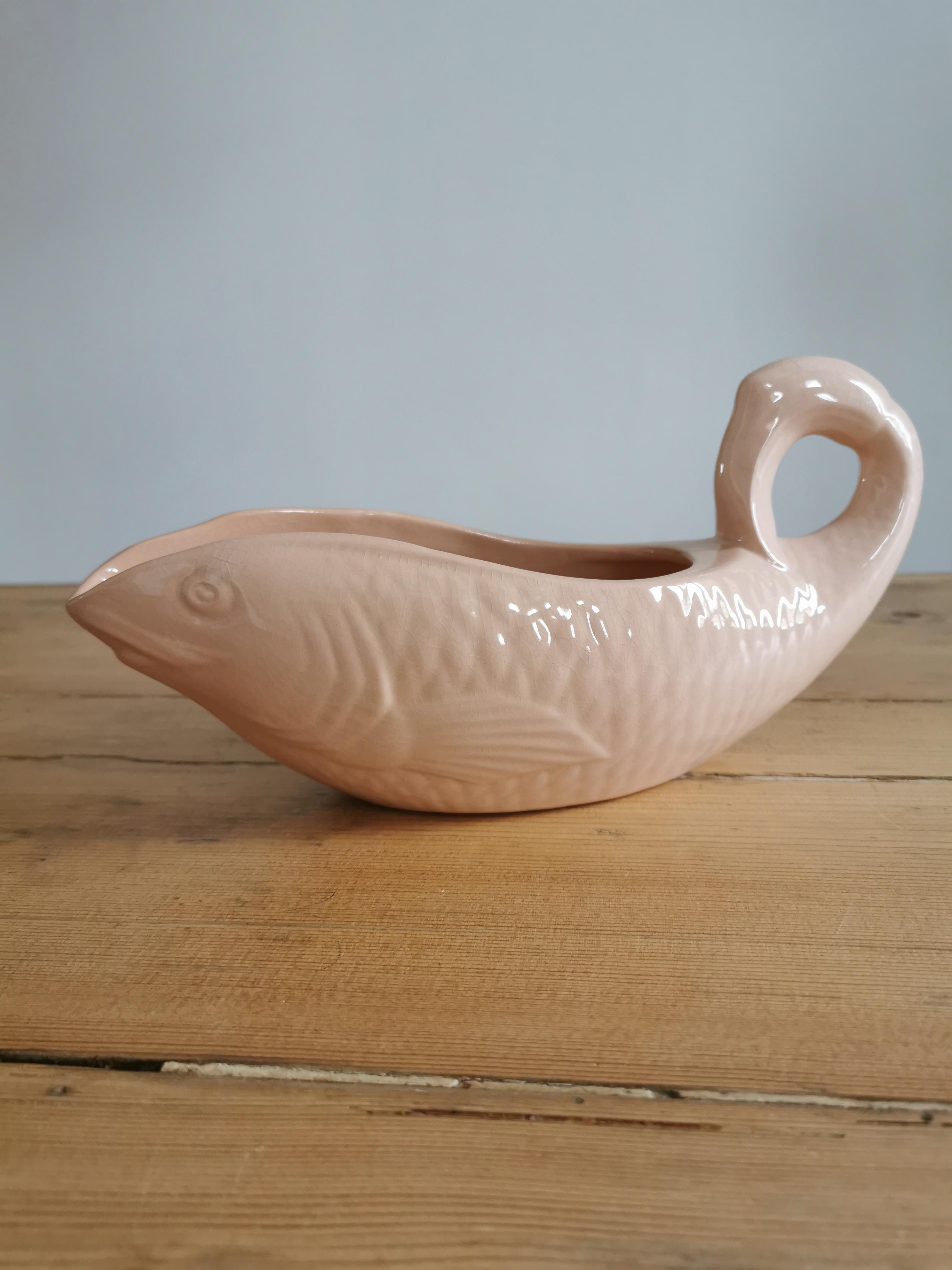 Pink ceramic fish saucière from Digoin, vintage