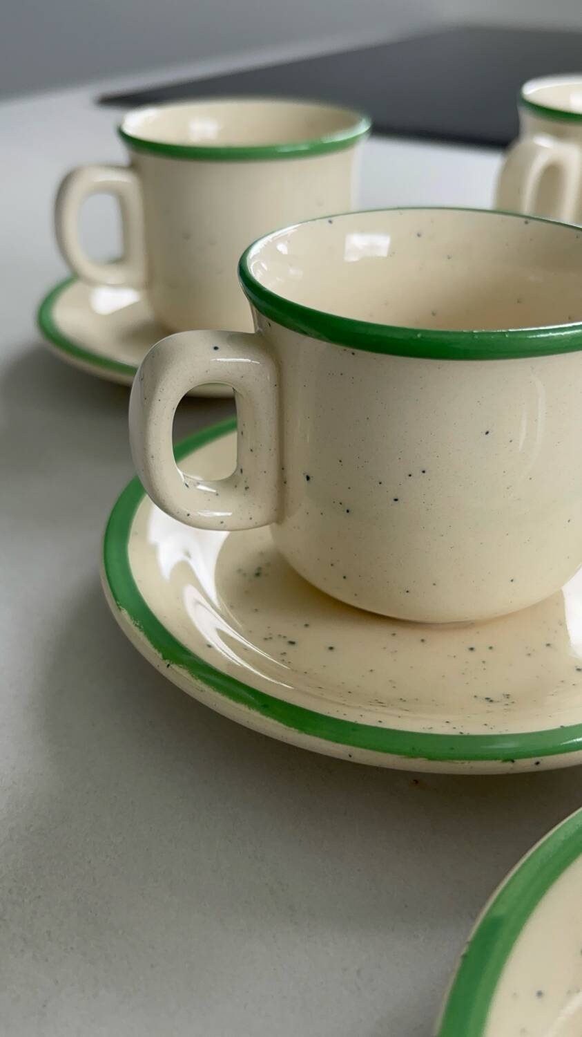 Set of 6 vintage speckled beige and green espresso cups – coffee service