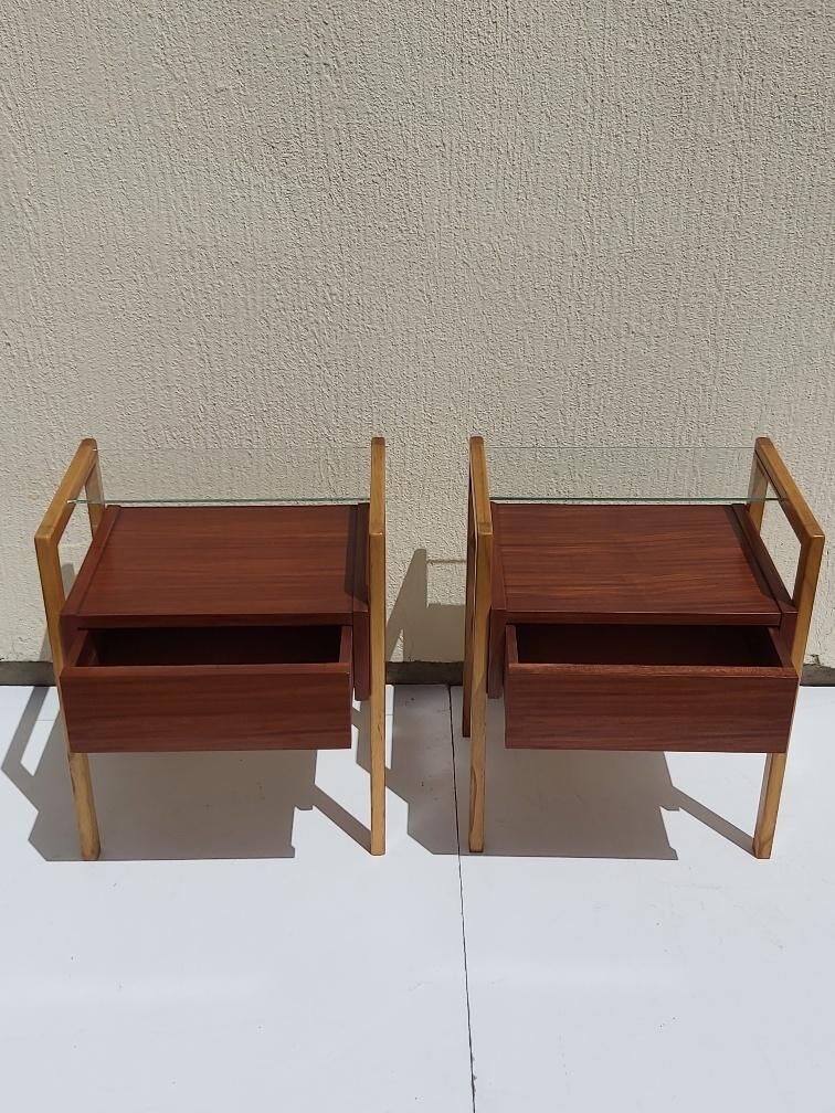 Pair of bedsides wood and glass 50s