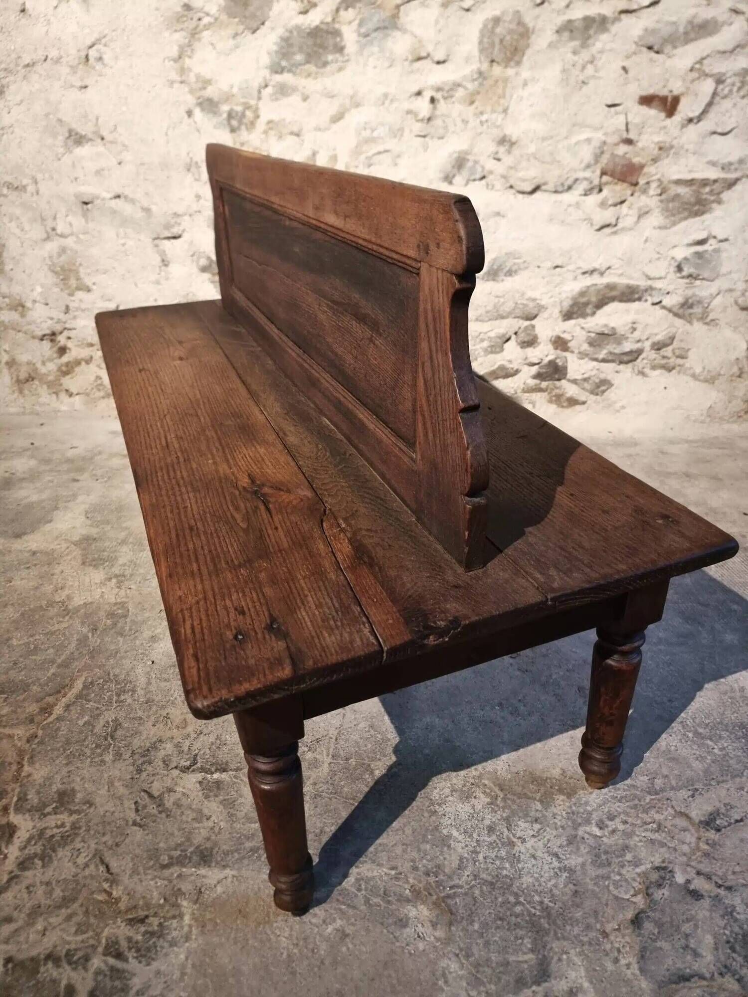 Antique French oak station bench – double-sided, 19th century (140 x 61 x 86 cm)