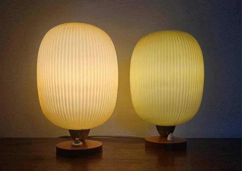 Rare Pair of Table Lamps, Glass and Wood, 1960s