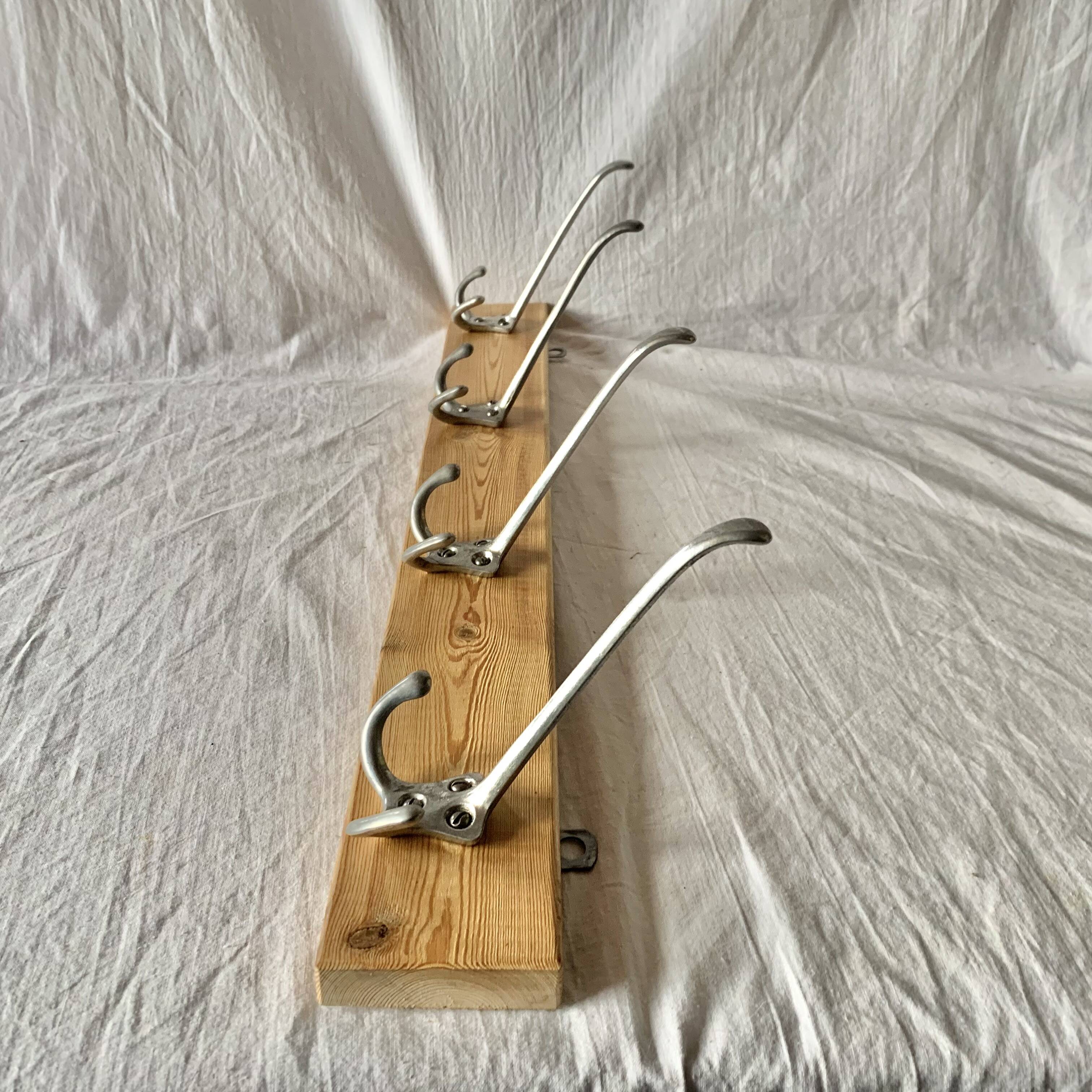 Vintage wooden coat rack - 4 cast aluminum hooks