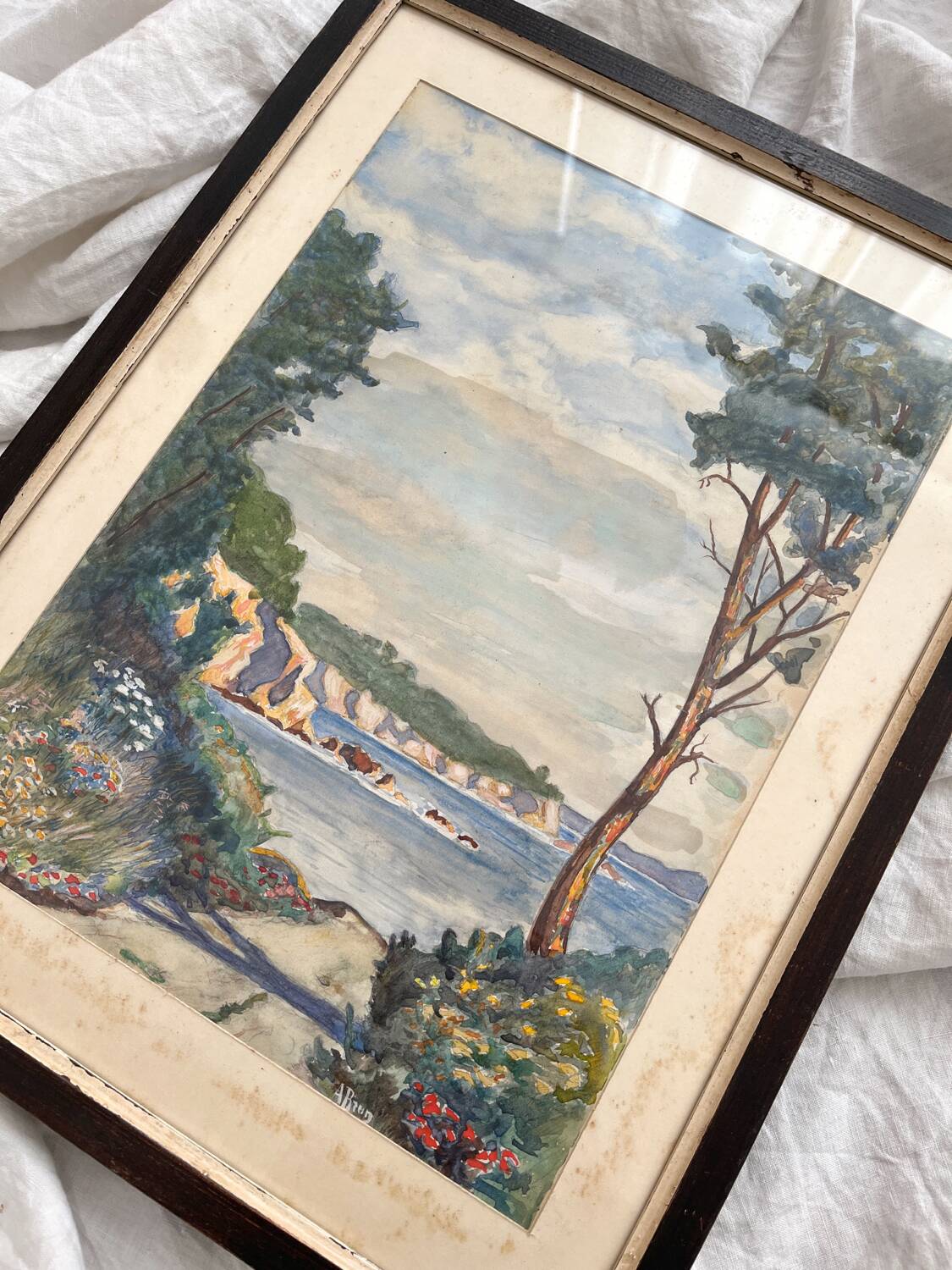 Old watercolor seaside landscape signed A. Brun