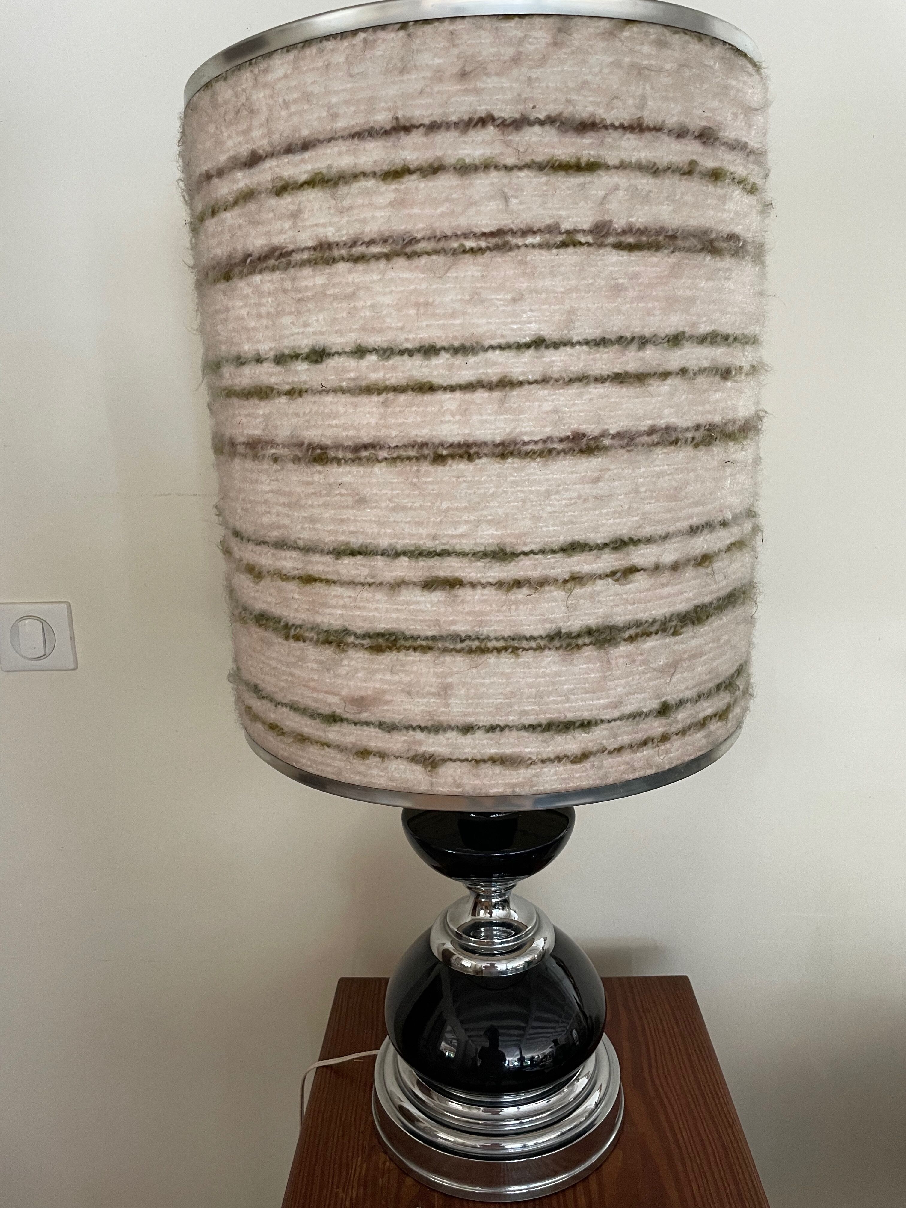 Black glass and metal lamp, vintage wool lampshade