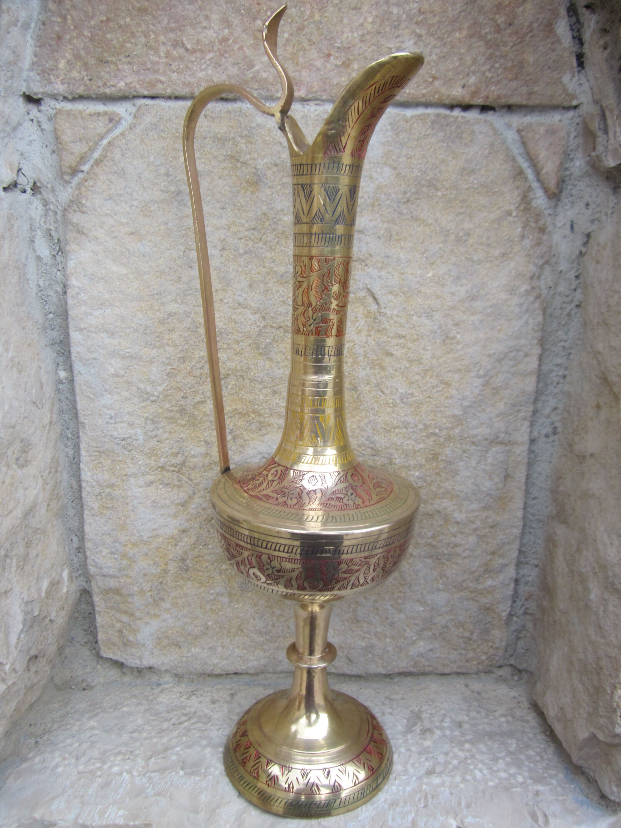Indian brass ewer: inlaid plant motifs
