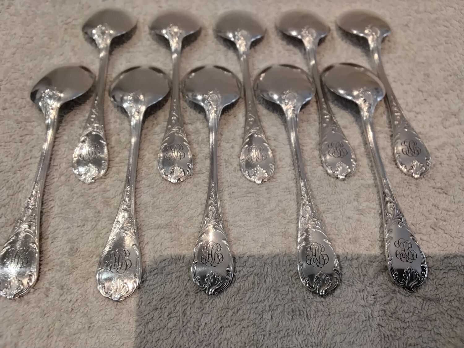 10 silver-plated ice cream scoops, Christofle Marly silversmith, engraved HBC