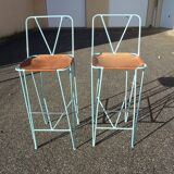 Pair of high bar stools leather and turquoise metal bar stools