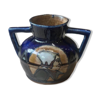 Vase céramique bleu grès émaillé Odetta Faïencerie HB Quimper Bretagne art