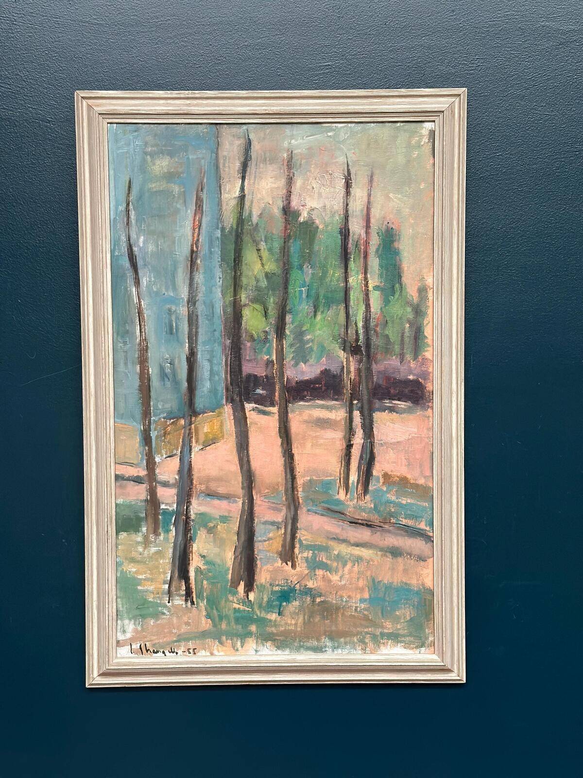 Huile sur toile suédoise du milieu du siècle – « Arbres » par Ingeborg Strangell – Vintage et encadrée
