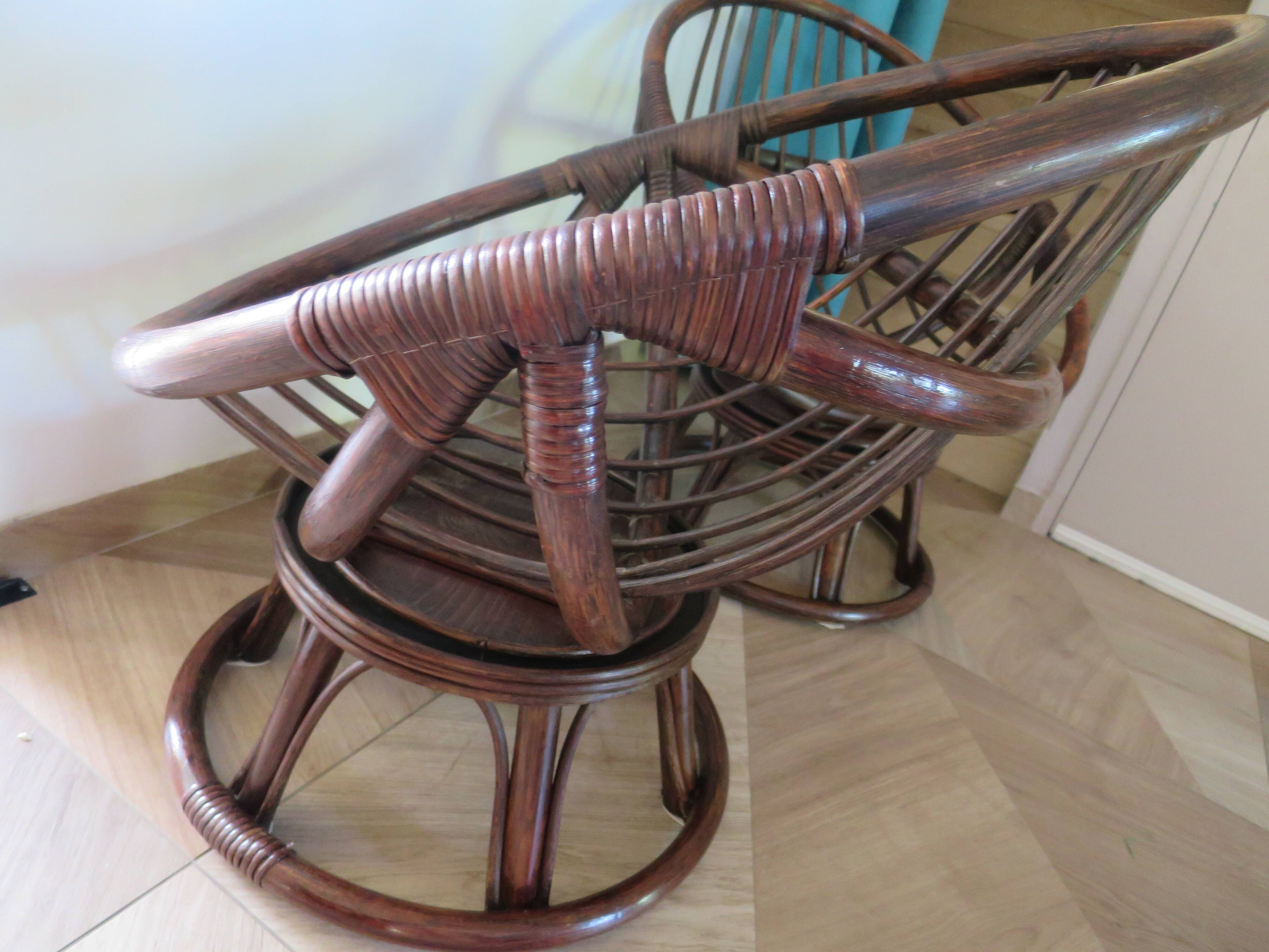 Vintage set of 2 swivel chairs in bamboo and rattan - Papasan shape